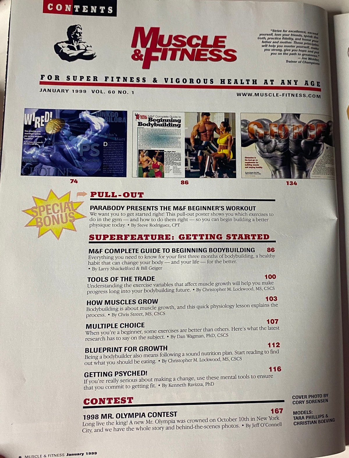 Contents page of Muscle & Fitness Magazine January 1999, showcasing articles about beginner bodybuilding, training insights, and a special pull-out workout guide.