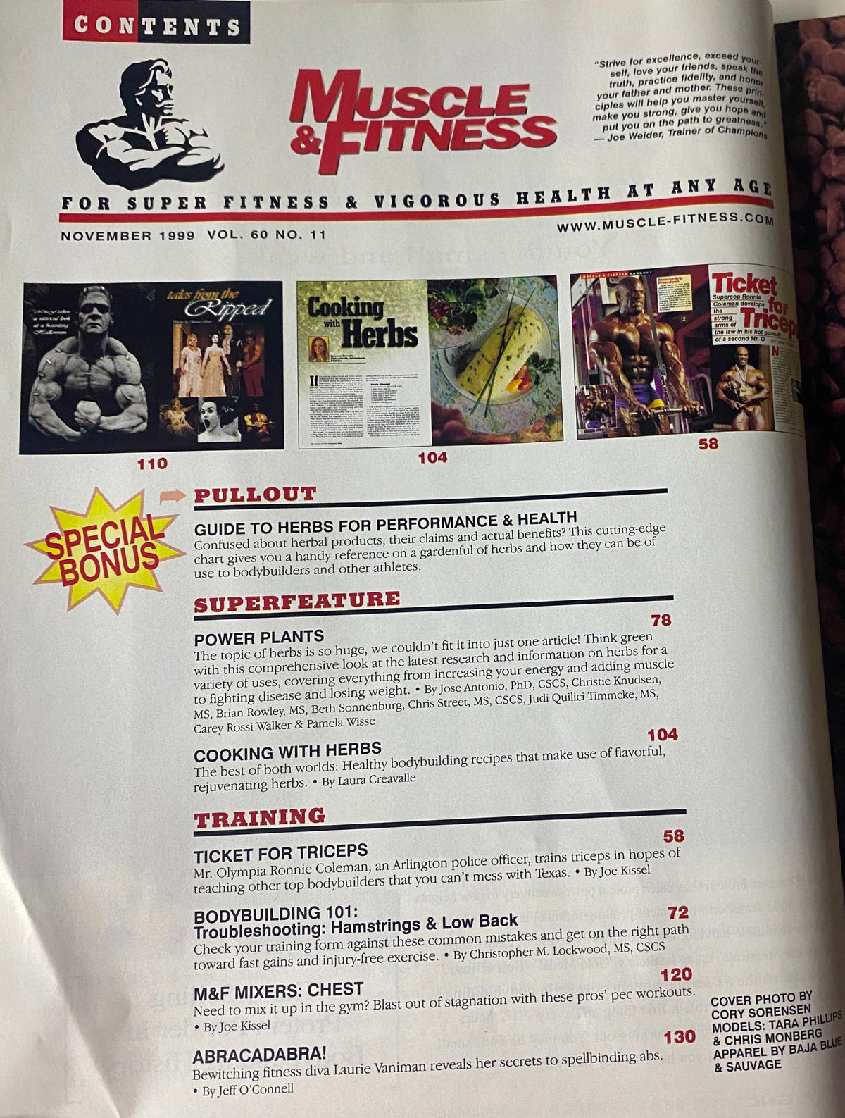 Table of contents from Muscle & Fitness Magazine November 1999 featuring a special bonus on herbs for performance and health, along with articles on cooking and bodybuilding training.