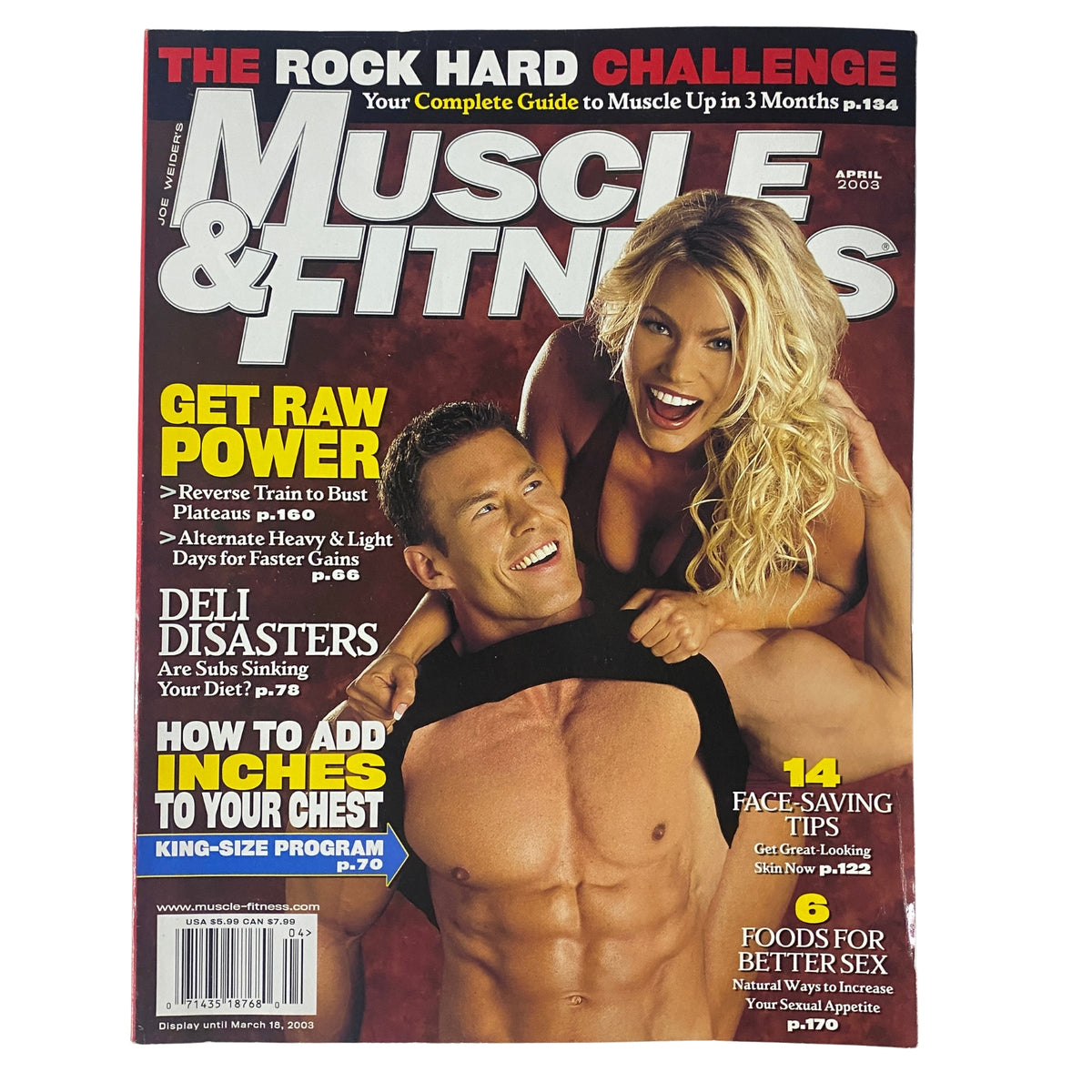 Cover of Muscle & Fitness Magazine, April 2003 featuring Rich Billingsley and Gabrielle Tuite, highlighting the Rock Hard Challenge and fitness tips for bodybuilders.