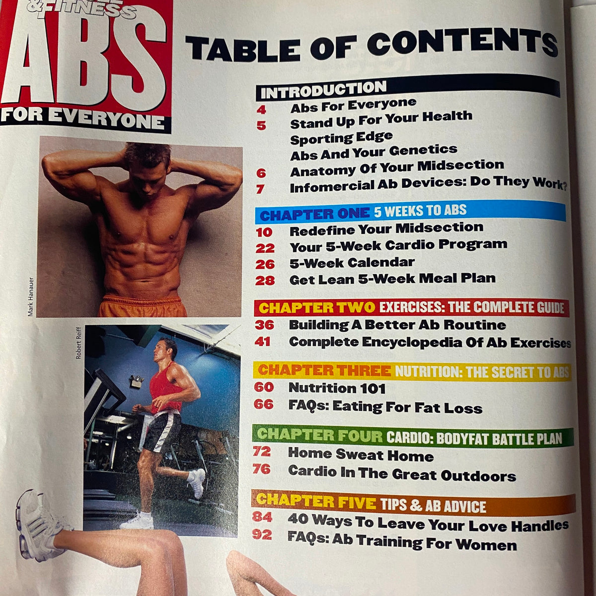 Table of contents from Muscle & Fitness Magazine December 1999, revealing key sections including '5 Weeks to Abs' and fitness strategies.