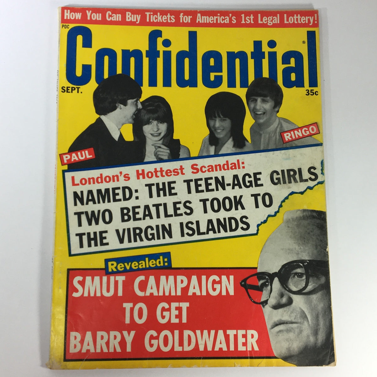 Cover of VTG Confidential Magazine September 1964 featuring The Beatles, with bold text highlighting a scandal about teenage girls and their connection to the band. The magazine also includes images of Paul McCartney, Ringo Starr, and others, representing pop culture nostalgia from the 1960s.