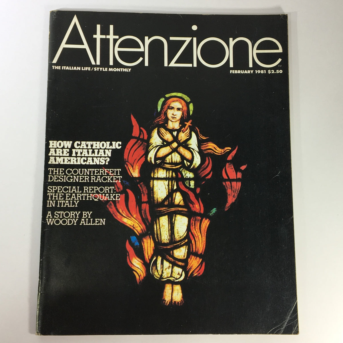 Cover of VTG The Italian Life Attenzione Magazine February 1981 featuring a colorful design and the headline 'How Catholic Are Italian Americans?' with a story by Woody Allen.