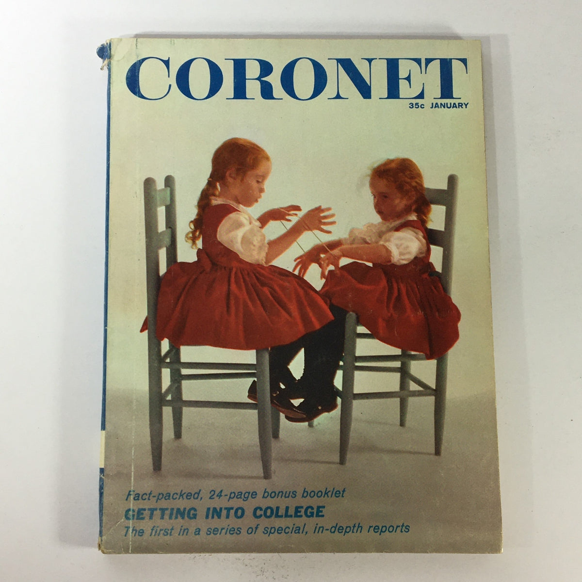 Cover of VTG Coronet Magazine from January 1961 featuring two children in red dresses engaged in play, with the title 'Getting Into College' prominently displayed.