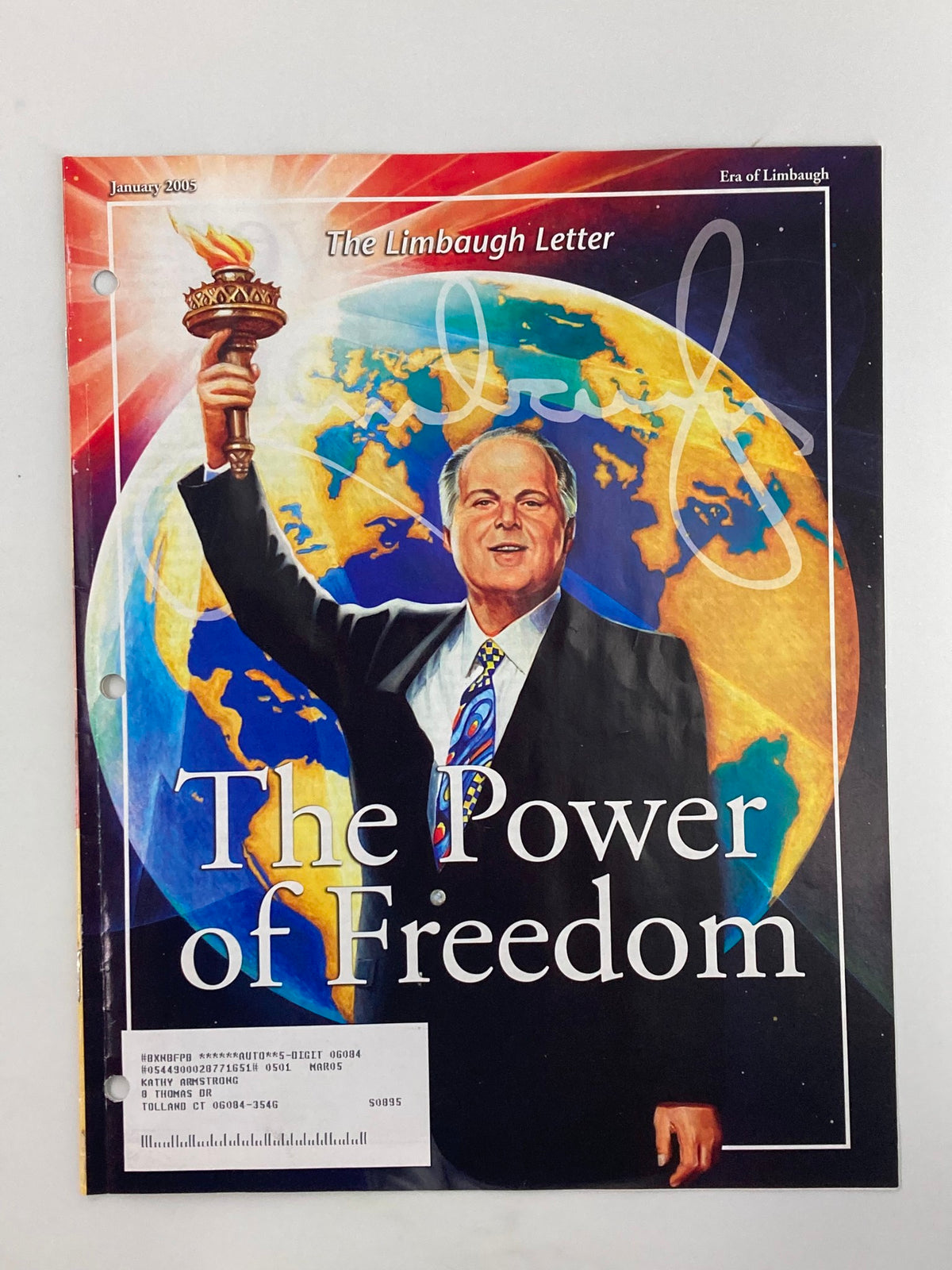 Rush Limbaugh Letter Newsletter Magazine January 2005 cover featuring Rush Limbaugh holding a torch against a globe, titled 'The Power of Freedom'.