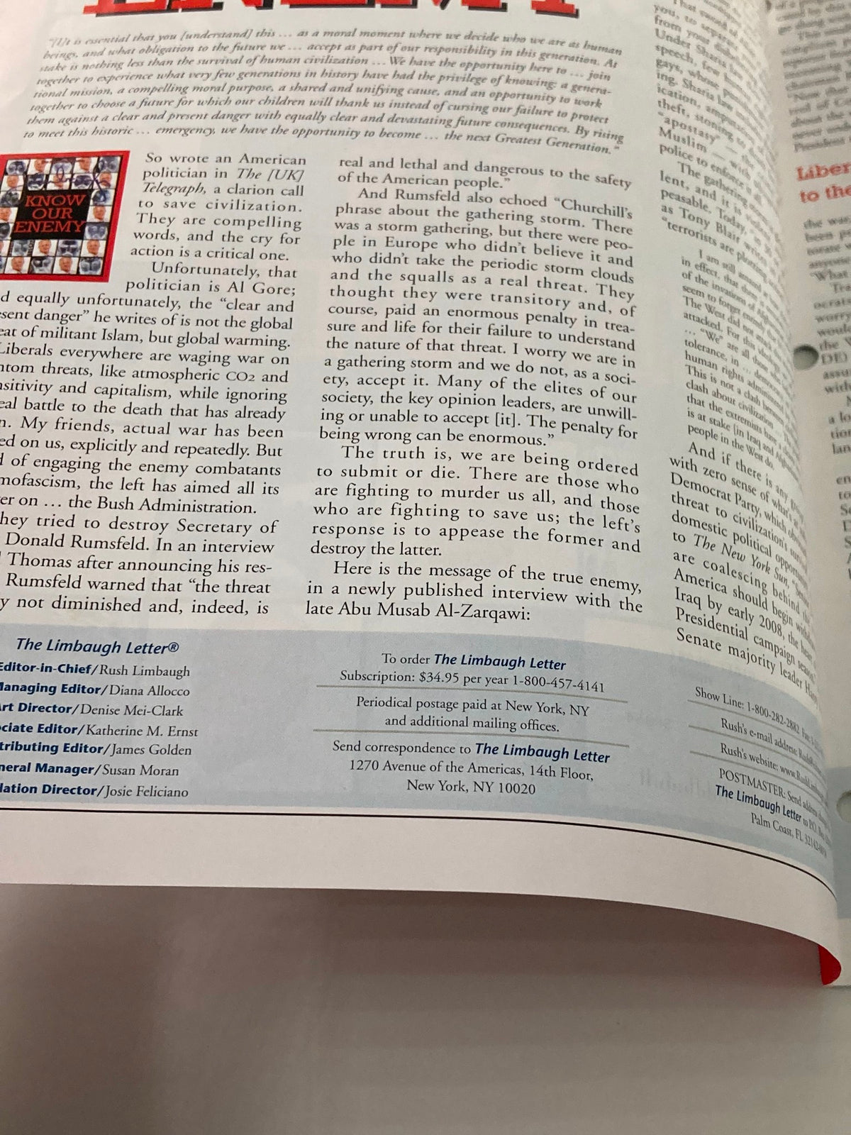 Interior page of Rush Limbaugh Letter Newsletter Magazine January 2007 displaying content about political issues, featuring subscription information and author details.
