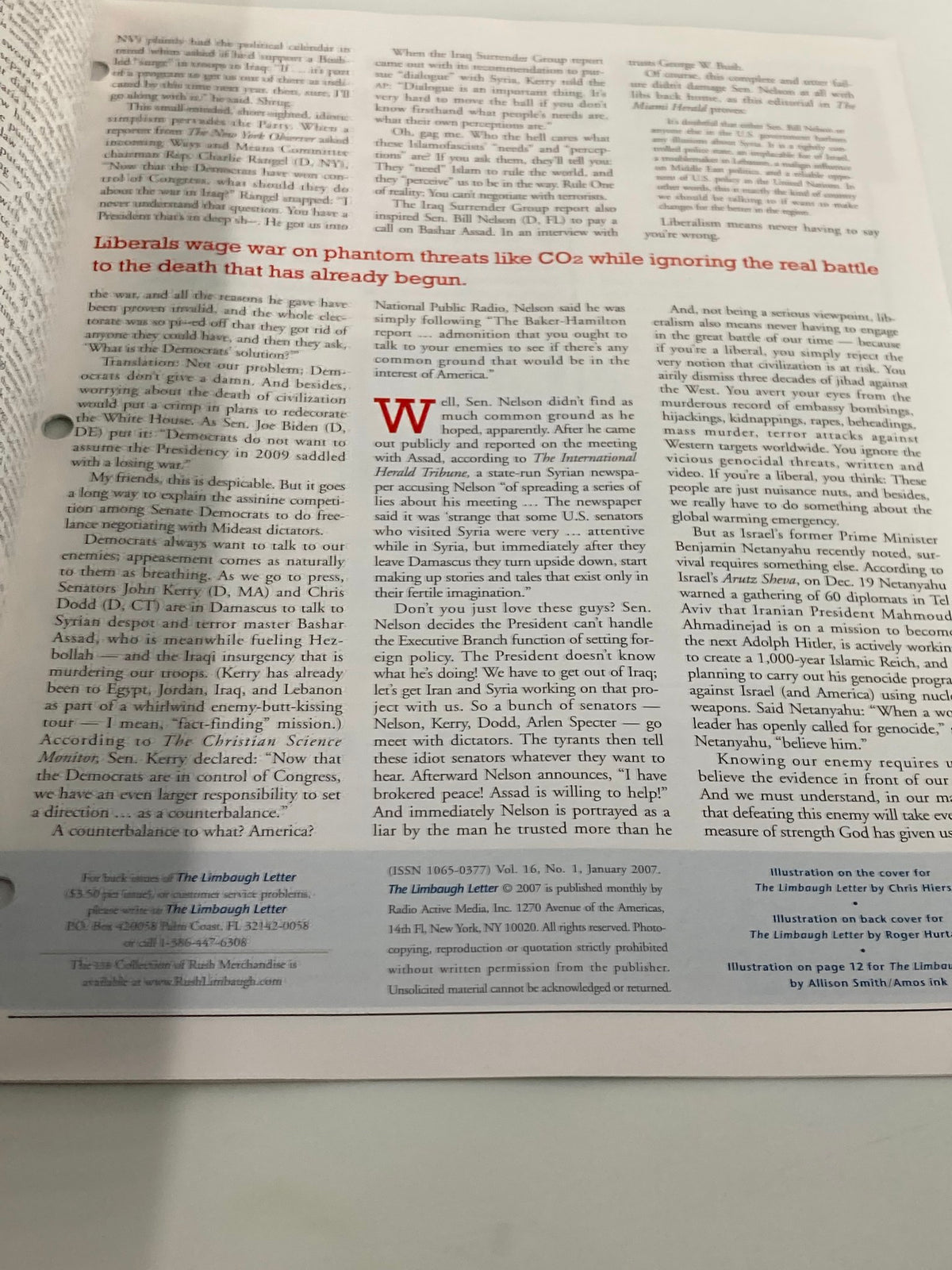 Another interior page of Rush Limbaugh Letter Newsletter Magazine January 2007 discussing political threats, providing insights relevant to the Bush Administration era.