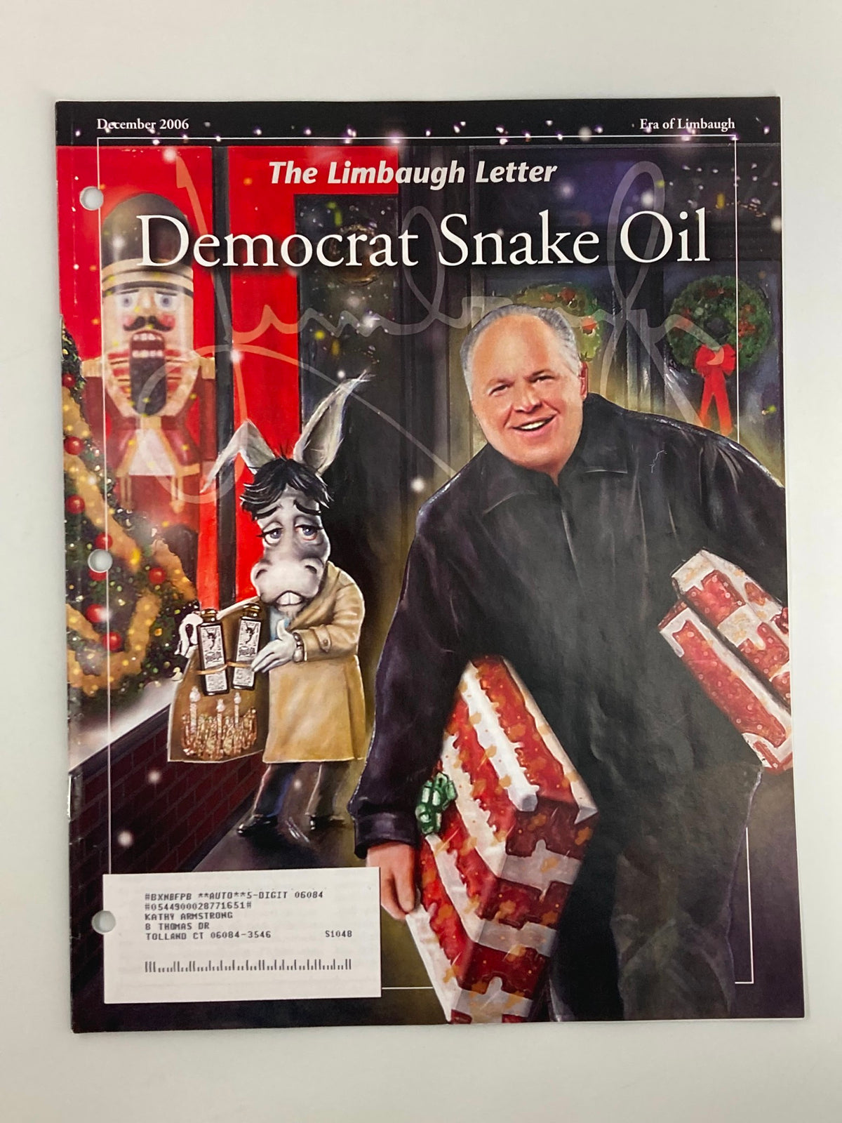 Rush Limbaugh Letter Newsletter Magazine December 2006 cover featuring a satirical illustration with Rush Limbaugh holding Christmas gifts and a donkey character representing Democrats, titled 'Democrat Snake Oil'.