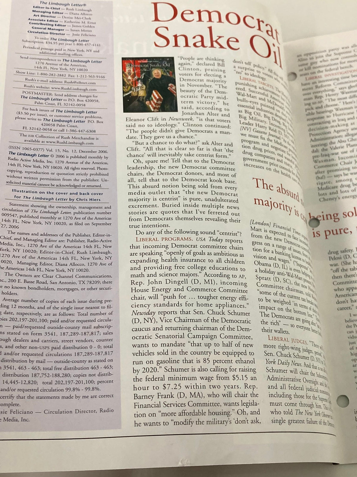 Rush Limbaugh Letter Newsletter Magazine December 2006 interior page featuring the article titled 'Democrat Snake Oil,' showcasing political commentary and insights relevant to the political landscape of the time.