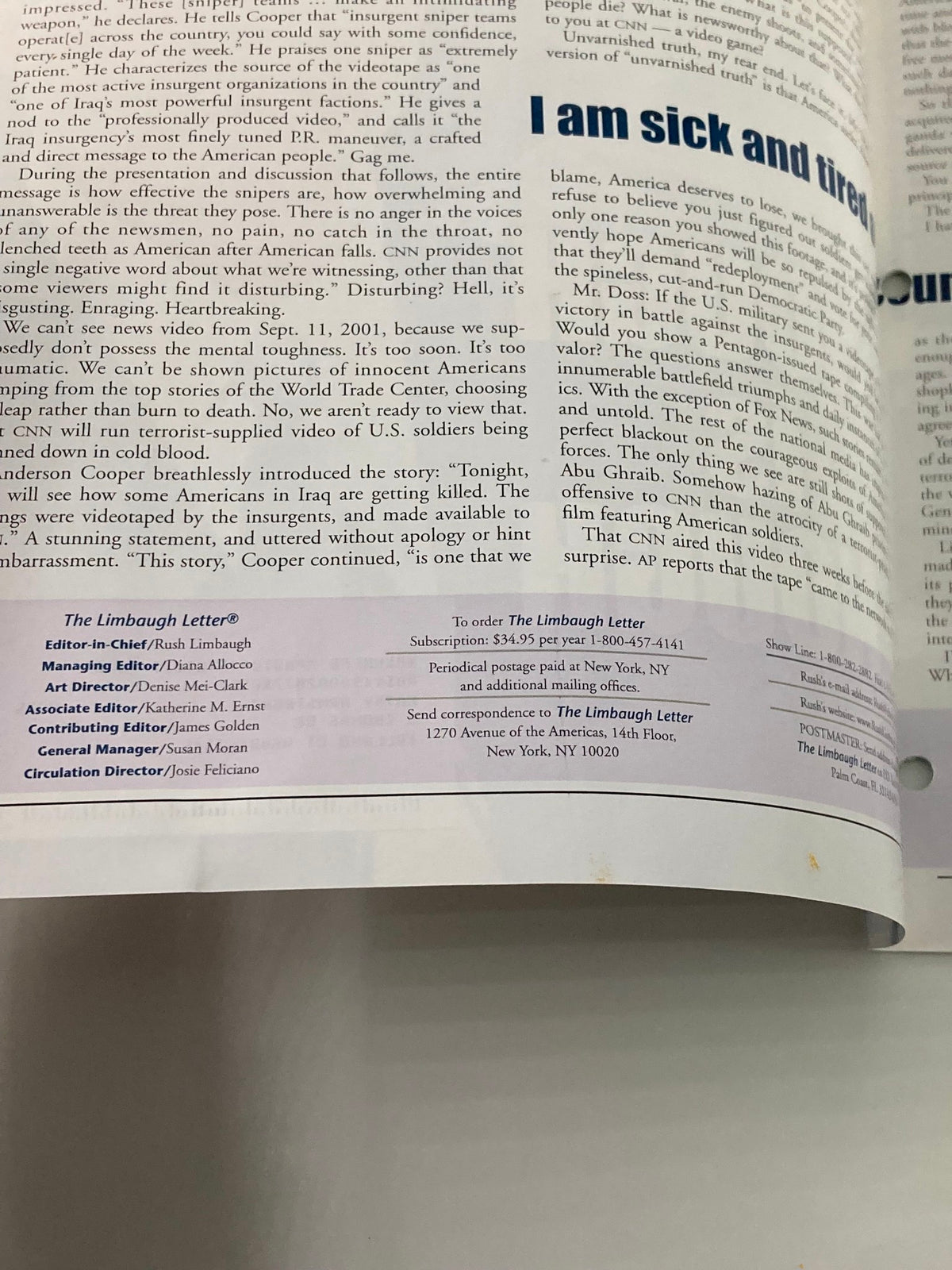Inside page of the Rush Limbaugh Letter newsletter magazine, November 2006, featuring commentary on America's portrayal in media.