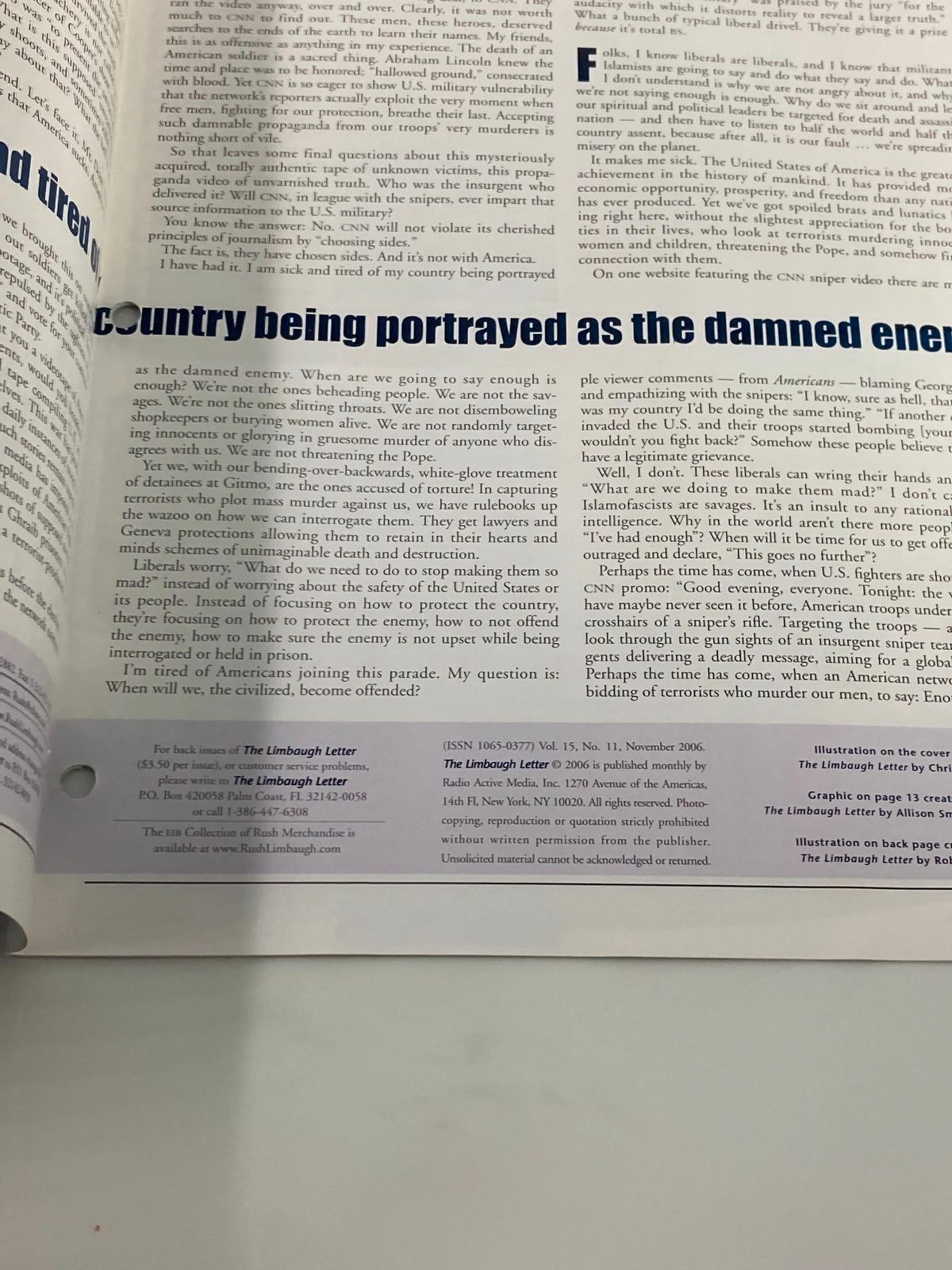 Inside page from the Rush Limbaugh Letter magazine, November 2006, discussing the country being depicted as the enemy in political discourse.