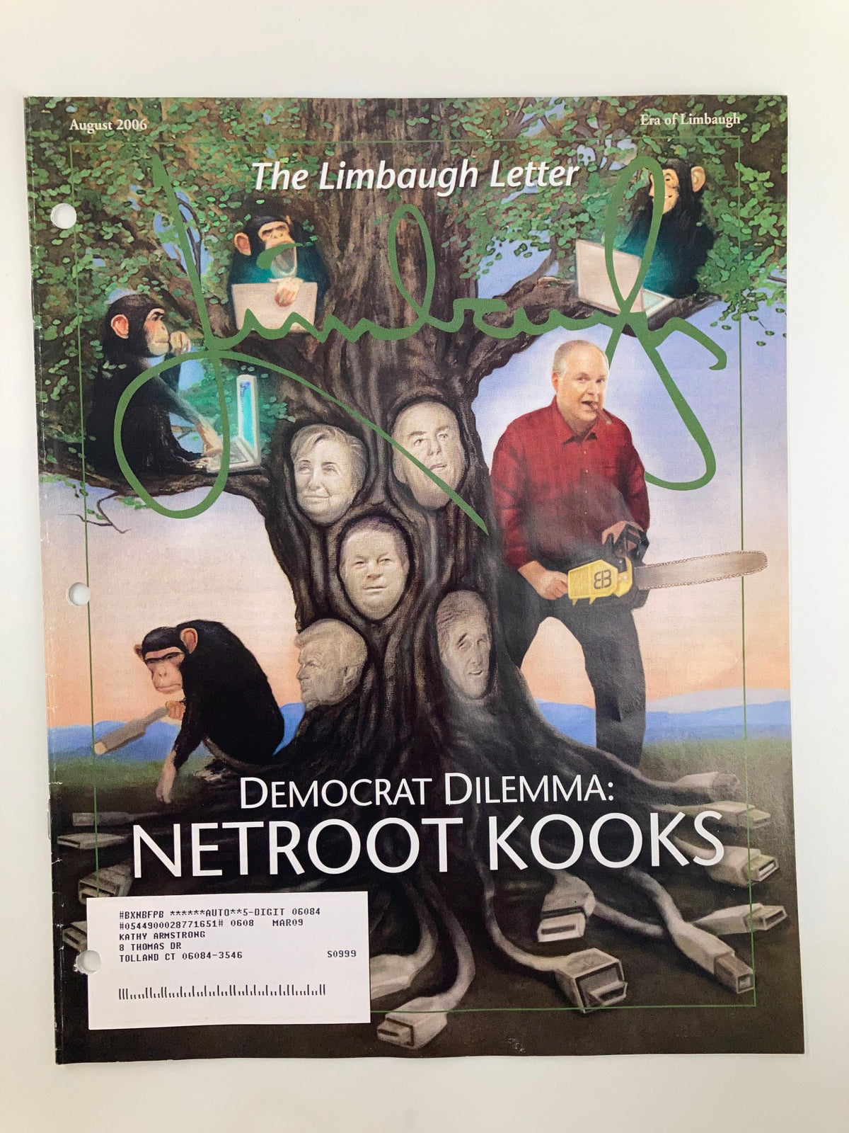 Cover of the Rush Limbaugh Letters Newsletter Magazine August 2006 featuring a political cartoon depicting the 'Democrat Dilemma: Netroot Kooks' with prominent imagery and Limbaugh's signature.