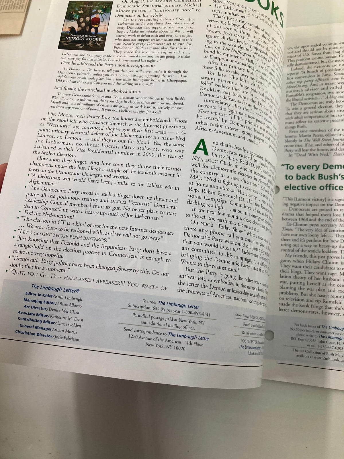 Interior page of the Rush Limbaugh Letters Newsletter Magazine August 2006 illustrating political commentary, discussing the Democrat Dilemma and featuring vibrant text.