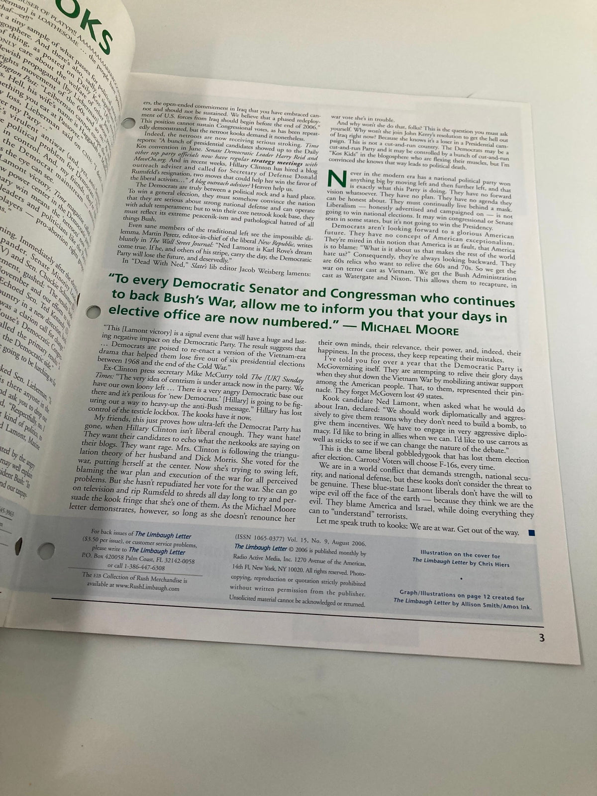 Interior page from the Rush Limbaugh Letters Newsletter Magazine August 2006 featuring political commentary and quotes, highlighting the political dilemmas faced by Democrats.