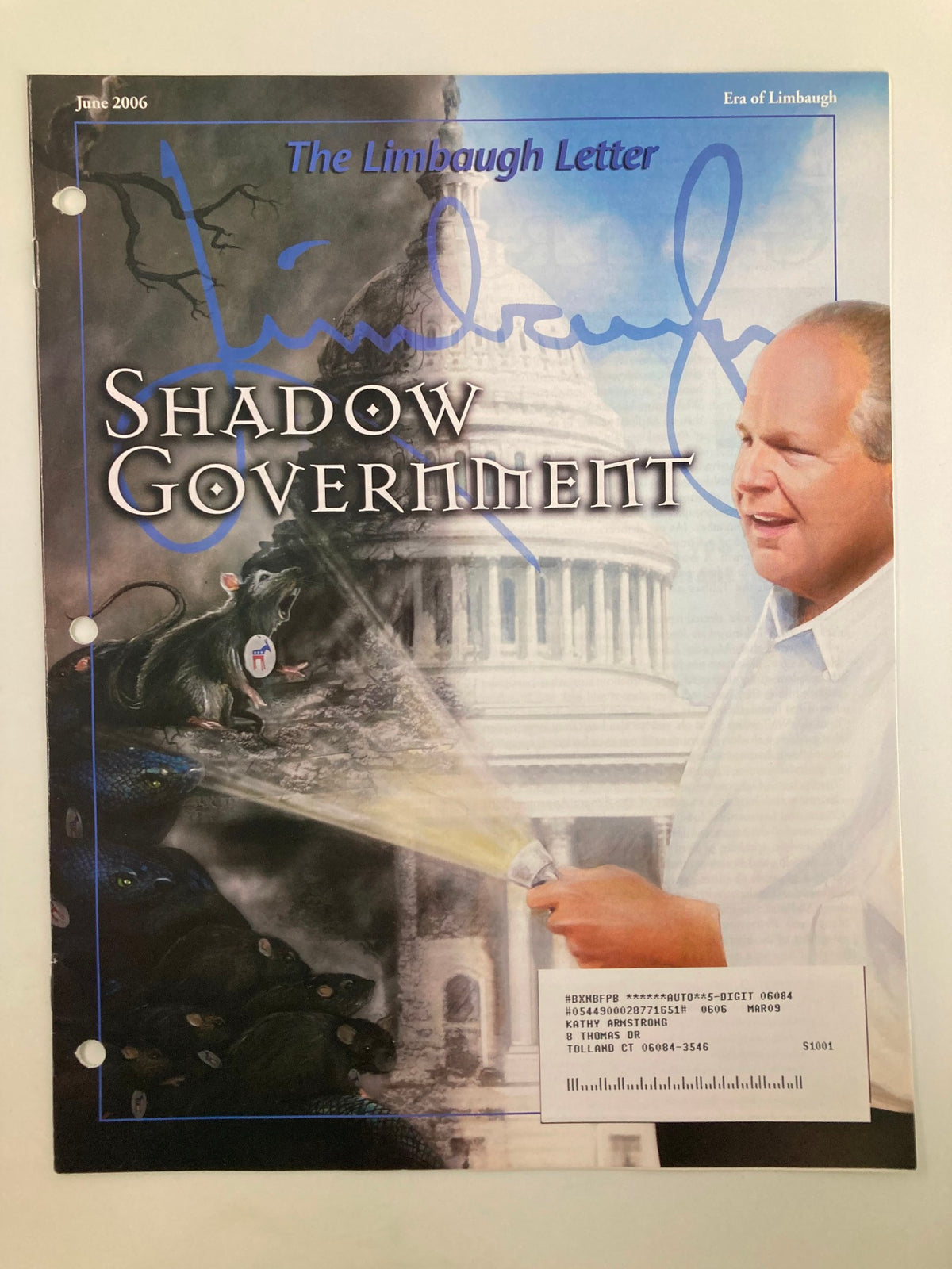 Rush Limbaugh Letter Newsletter Magazine June 2006 cover featuring the theme 'Shadow Government,' showcasing Rush Limbaugh with a Capitol backdrop.