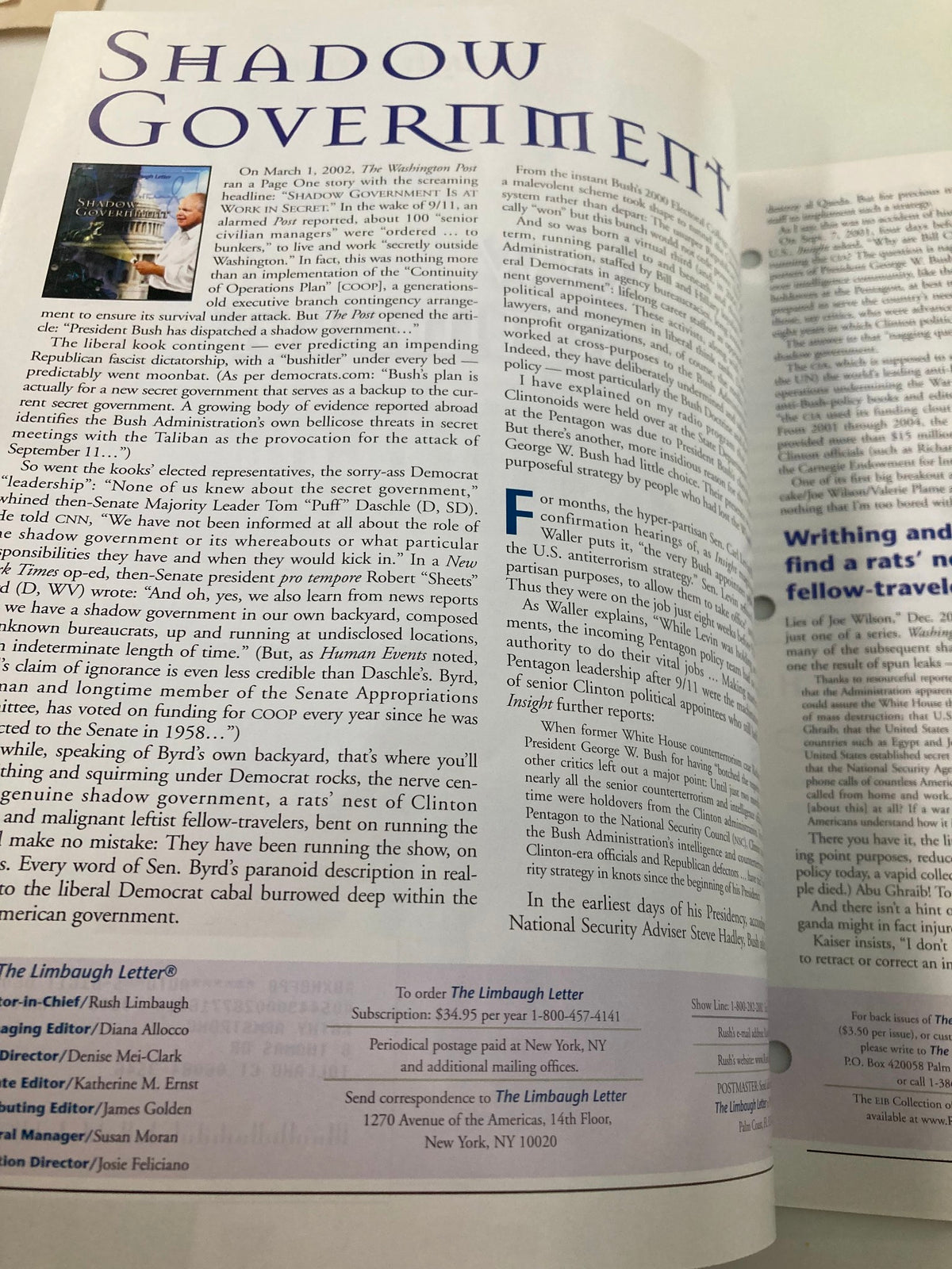 Interior page of Rush Limbaugh Letter Newsletter Magazine June 2006, displaying the title 'Shadow Government' with detailed commentary on political themes.