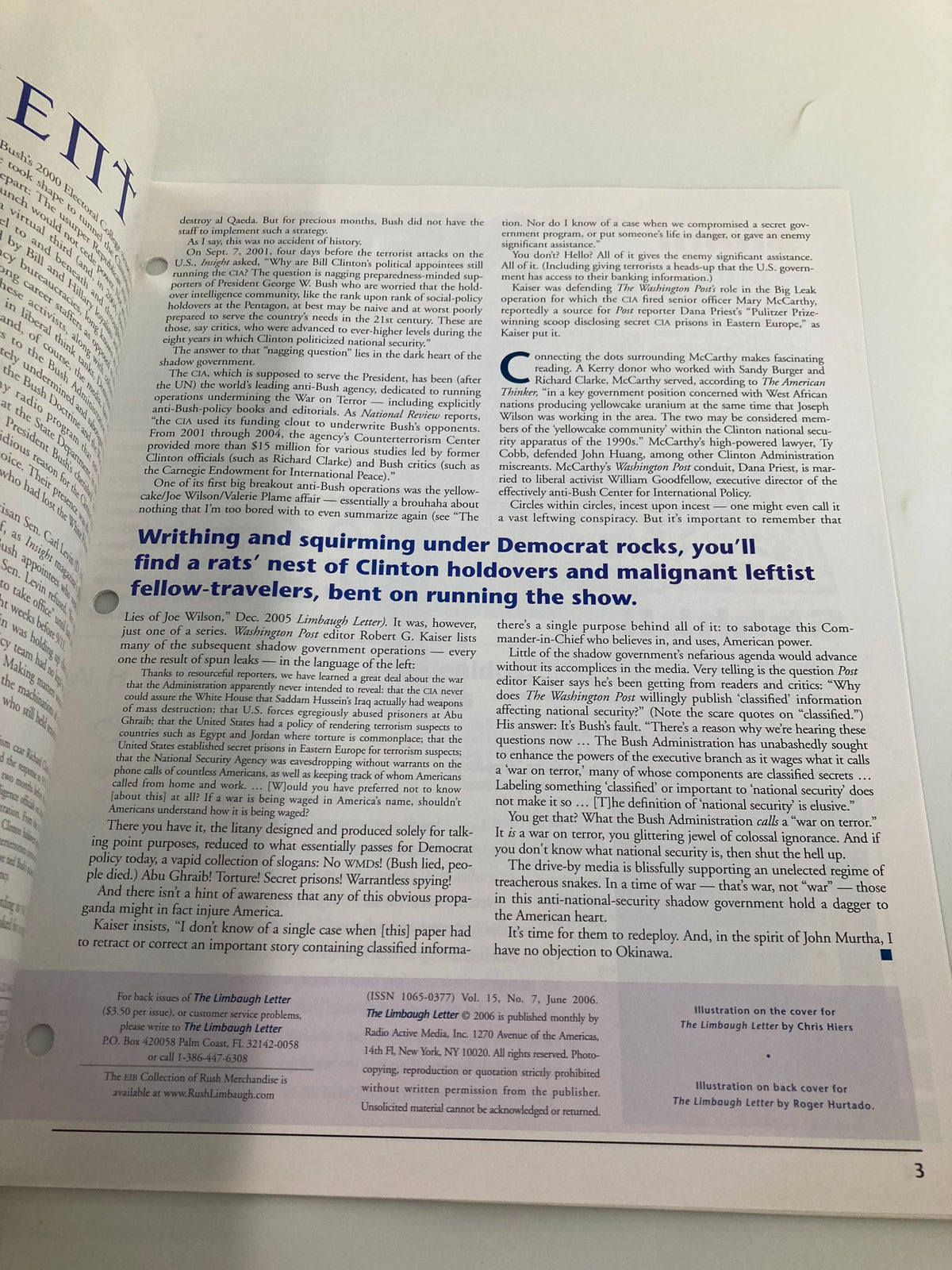 Another interior page of Rush Limbaugh Letter Newsletter Magazine June 2006, continuing the discussion on the 'Shadow Government' and political analysis.