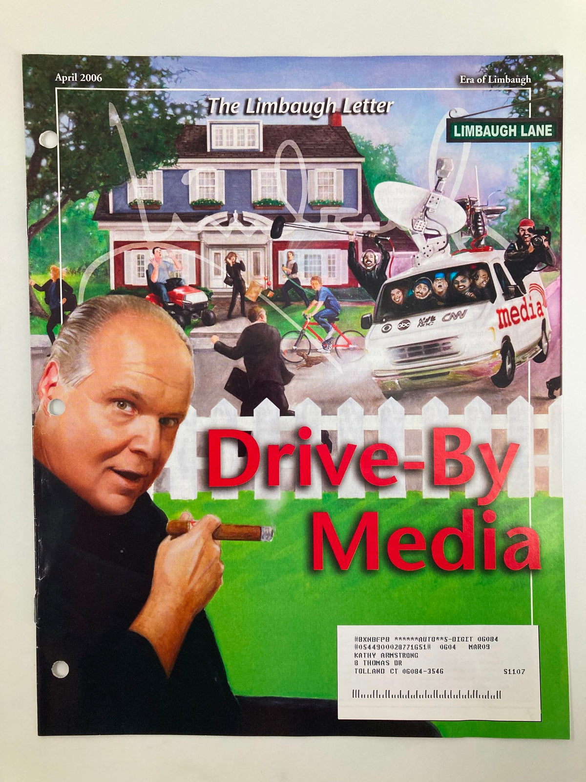 Rush Limbaugh Letters Newsletter Magazine April 2006 cover featuring 'Drive-By Media' concept, showcasing an illustration of a news van and a depiction of Rush Limbaugh with a cigar.