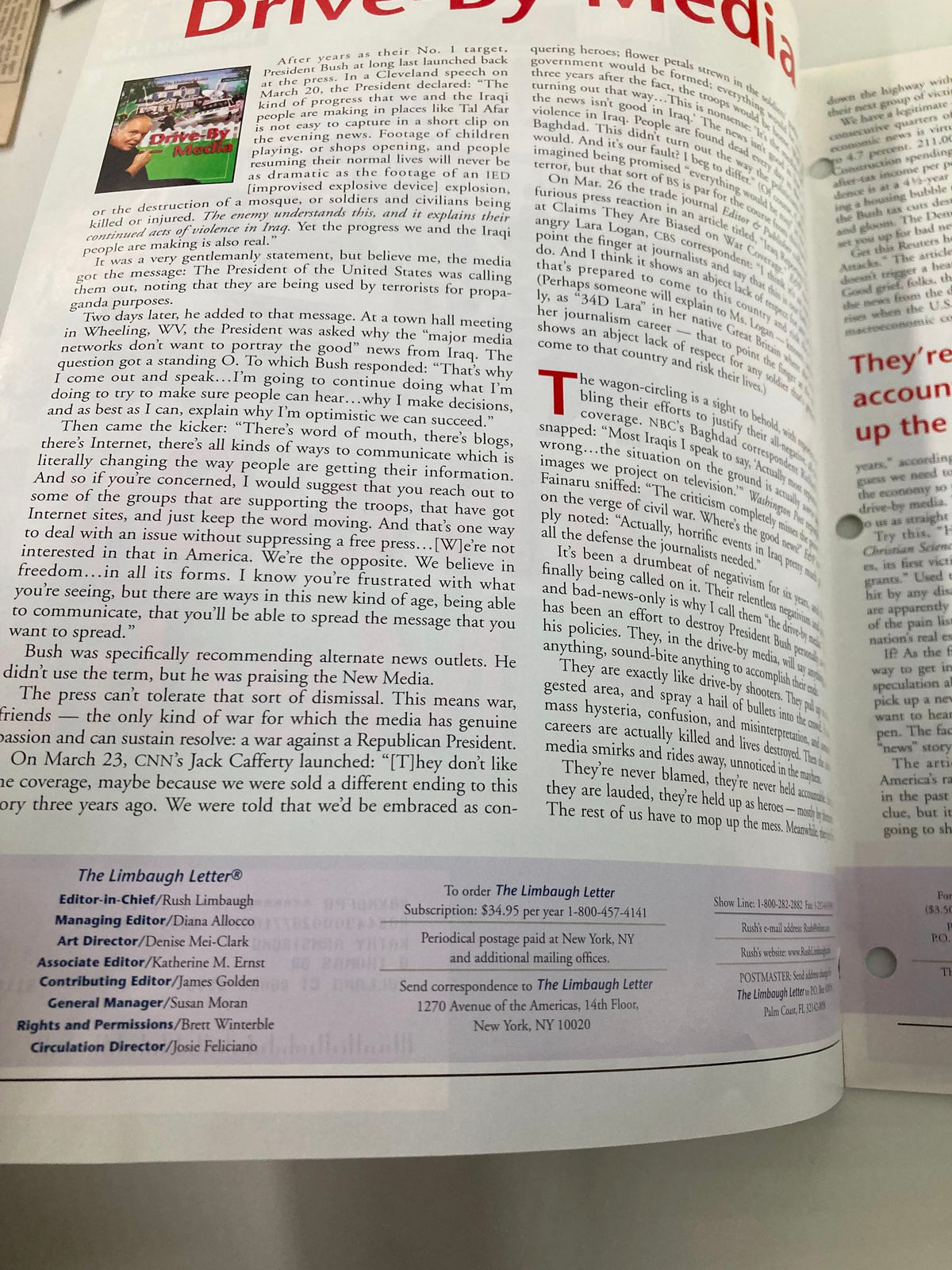Interior page of the Rush Limbaugh Letters Newsletter Magazine April 2006, discussing media influence and featuring a title header 'Drive By Media'.
