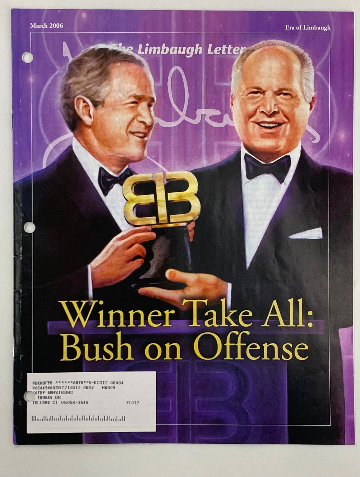 Cover of Rush Limbaugh Letter Newsletter Magazine March 2006 featuring George Bush, titled 'Winner Take All: Bush on Offense'. The cover showcases artwork of Bush alongside Rush Limbaugh with a gold award in hand, reflecting the political landscape of the early 2000s.