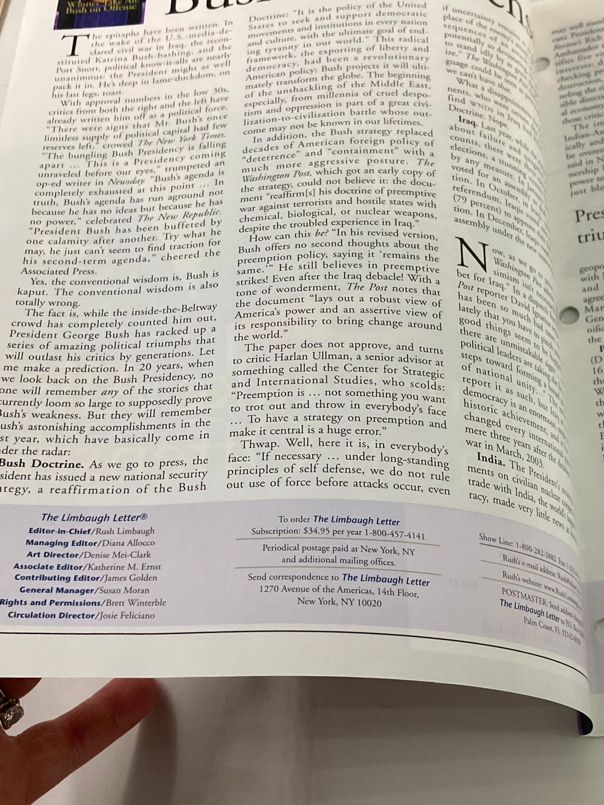 Inside page of Rush Limbaugh Letter Newsletter Magazine March 2006 highlighting an article on George Bush's political strategies. The page is filled with text providing insight into Bush's administration and is part of a vintage magazine series.