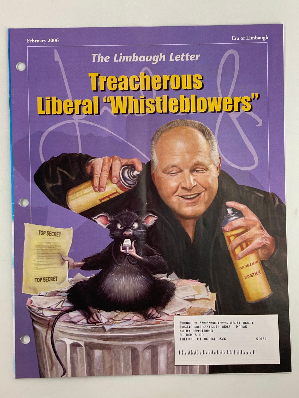 Cover of the Rush Limbaugh Letter Newsletter Magazine February 2006 featuring Limbaugh with a humorous cartoon of a rat titled 'Treacherous Liberal Whistleblowers'.