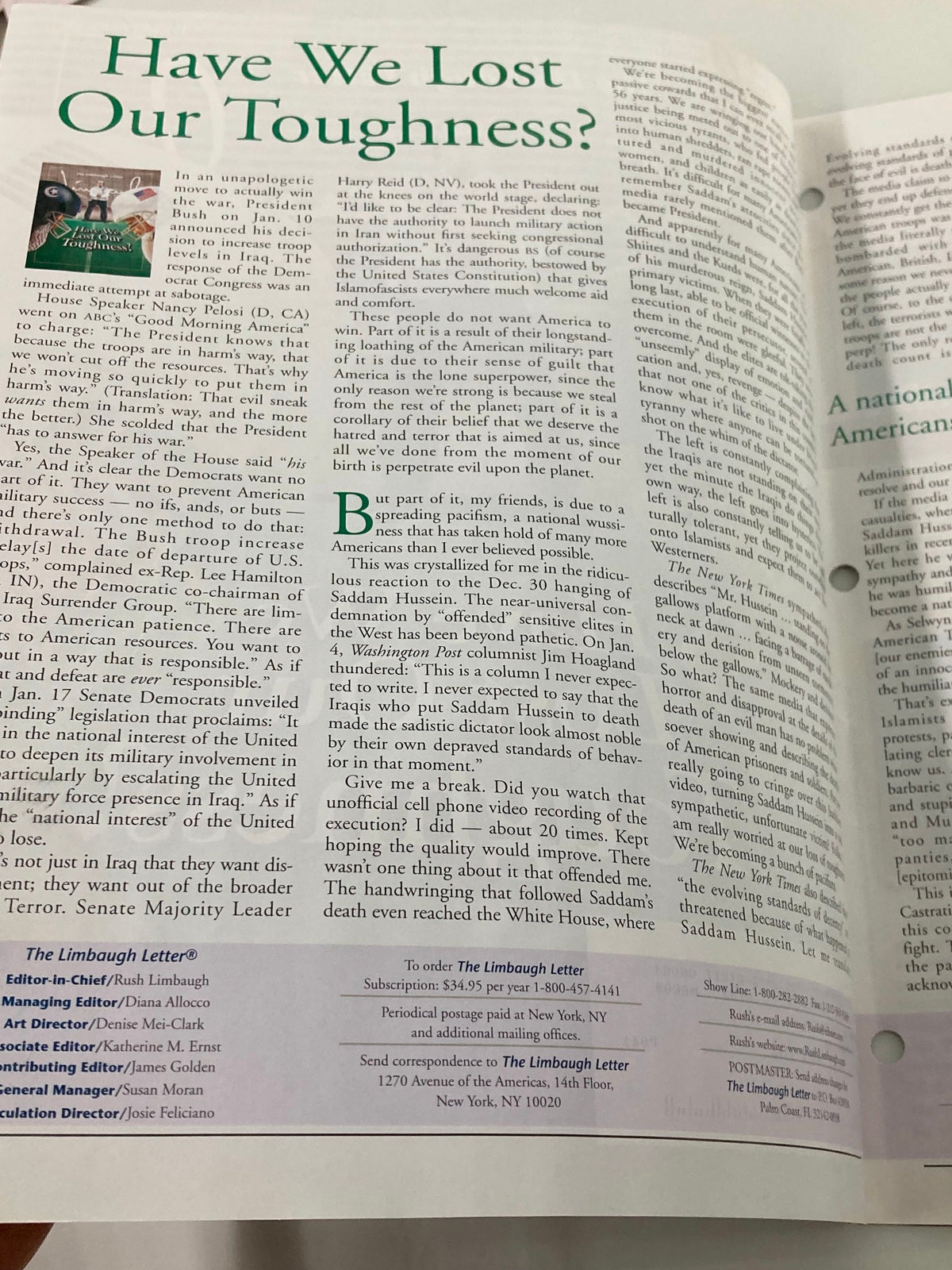 Interior page of the 'Rush Limbaugh Letter Newsletter February 2007' presenting the article titled 'Have We Lost Our Toughness?' with visible text and layout for reading.