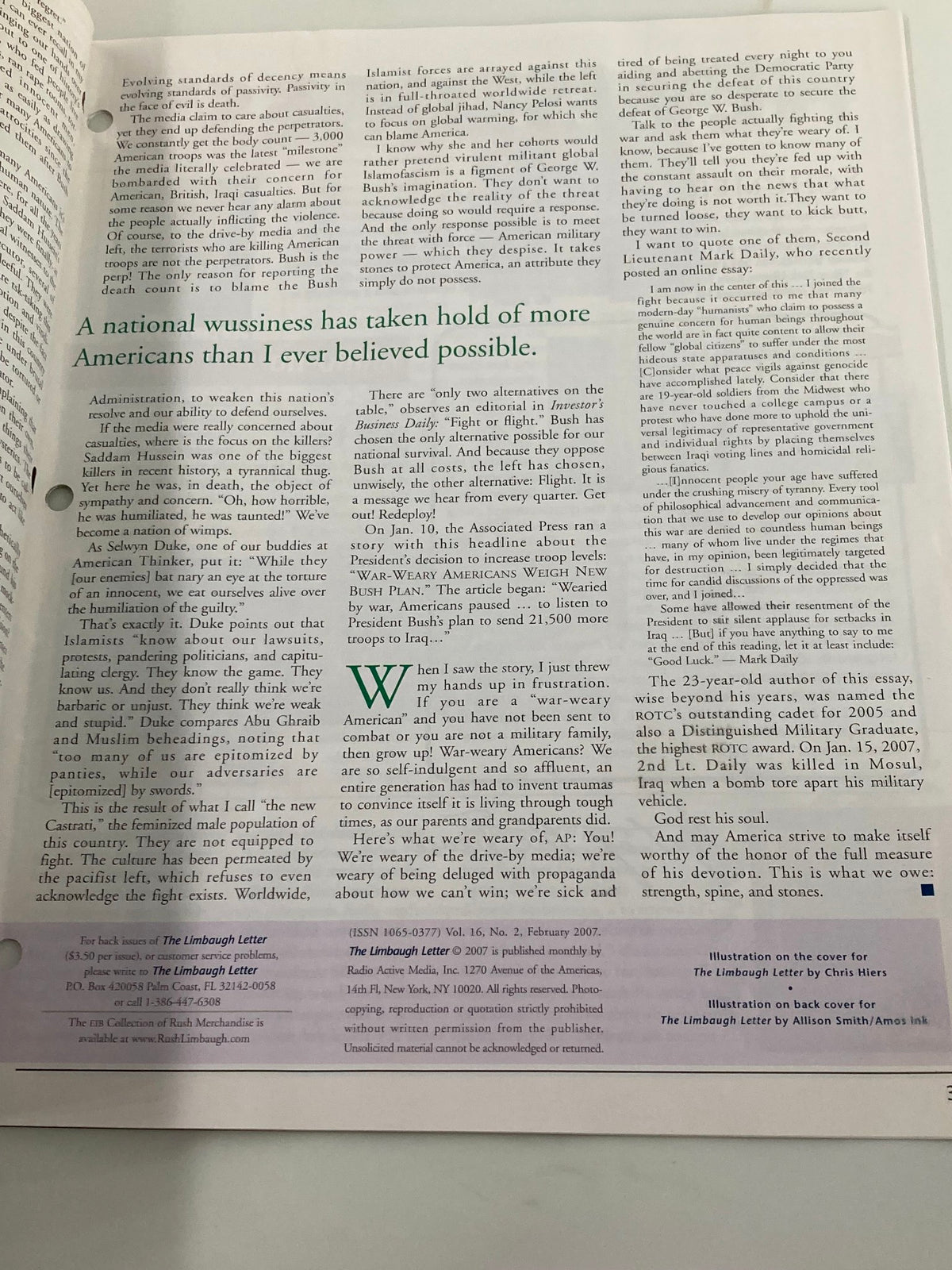 Rush Limbaugh Letter Newsletter February 2007 featuring discussions on American toughness and political commentary, showcasing the interior pages with insightful articles and analysis.