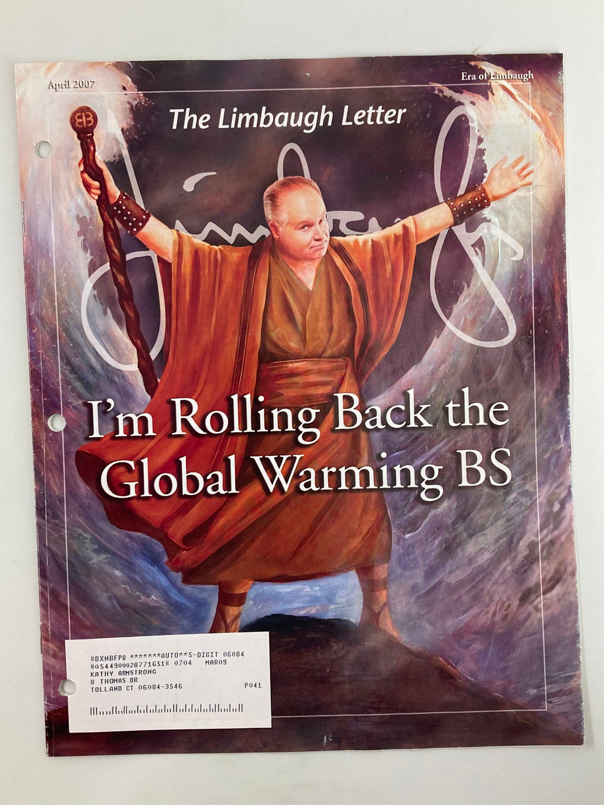 Cover of the Rush Limbaugh Letter April 2007 edition featuring the headline 'I'm Rolling Back the Global Warming BS' and a dramatic illustration related to environmental discussions.