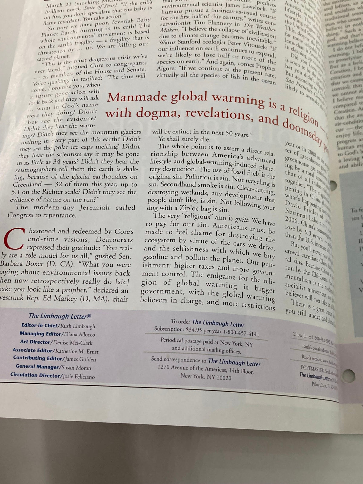 Interior page from the Rush Limbaugh Letter April 2007 discussing global warming as a religion with references to influential figures in climate debate.