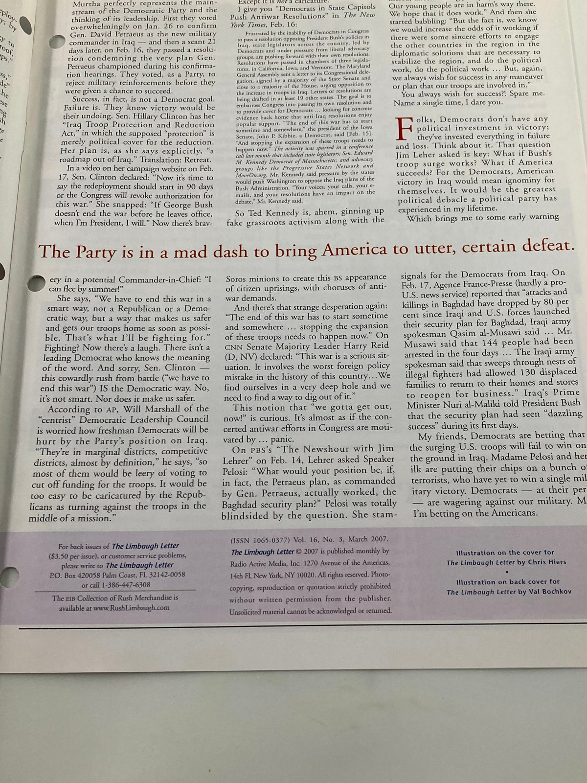 Another page from the Rush Limbaugh Letter Magazine March 2007 featuring an article titled "The Party is in a mad dash to bring America to utter, certain defeat," capturing political commentary relevant to the 2007 elections.