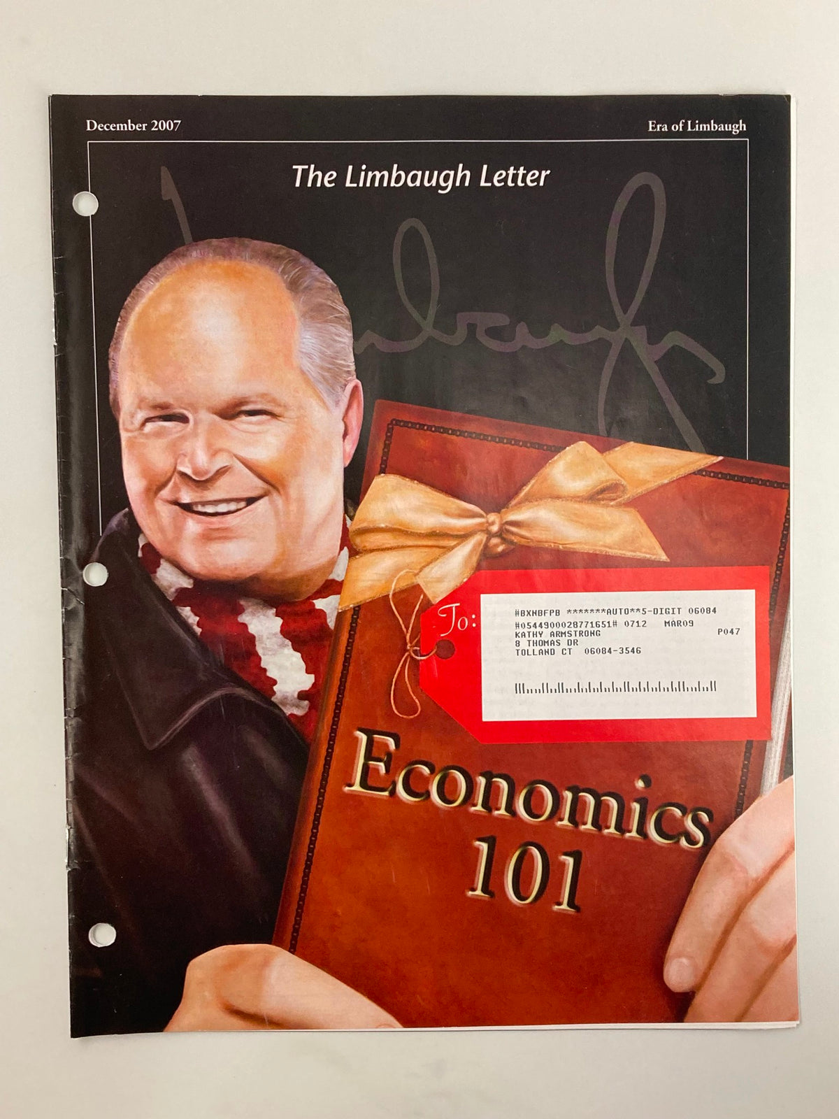 Rush Limbaugh Letter Newsletter Magazine December 2007 cover featuring a smiling Rush Limbaugh holding a book titled 'Economics 101' with a holiday-themed background.
