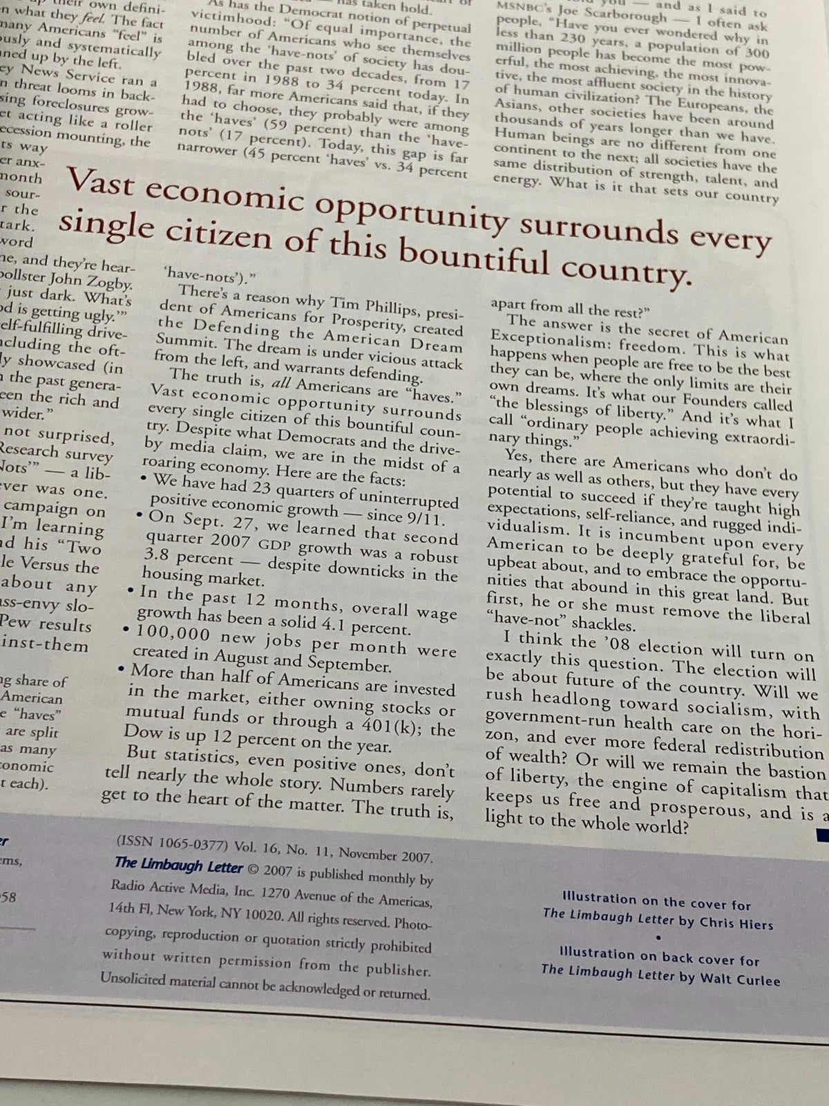 Another inside page of the Rush Limbaugh Letter Newsletter Magazine, November 2007, discussing economic opportunities for every citizen. This issue reflects key political sentiments and analysis from Rush Limbaugh.