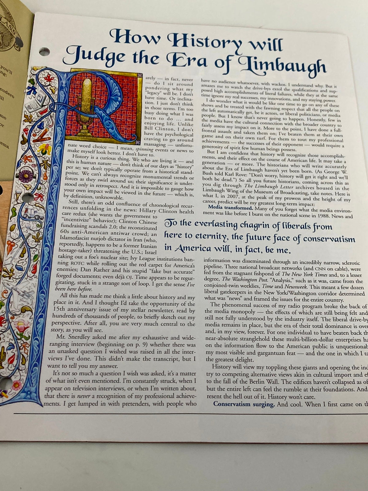 Interior page of the Rush Limbaugh Letter Newsletter Magazine - October 2007 discussing 'How History will Judge the Era of Limbaugh' with illustrated initial and text.