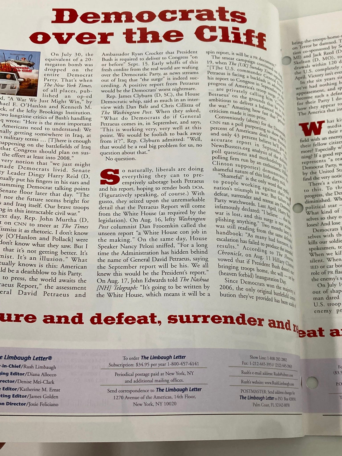 Article excerpt from the Rush Limbaugh Letter Newsletter Magazine September 2007, titled 'Democrats over the Cliff', discussing political commentary and perspectives from that era.