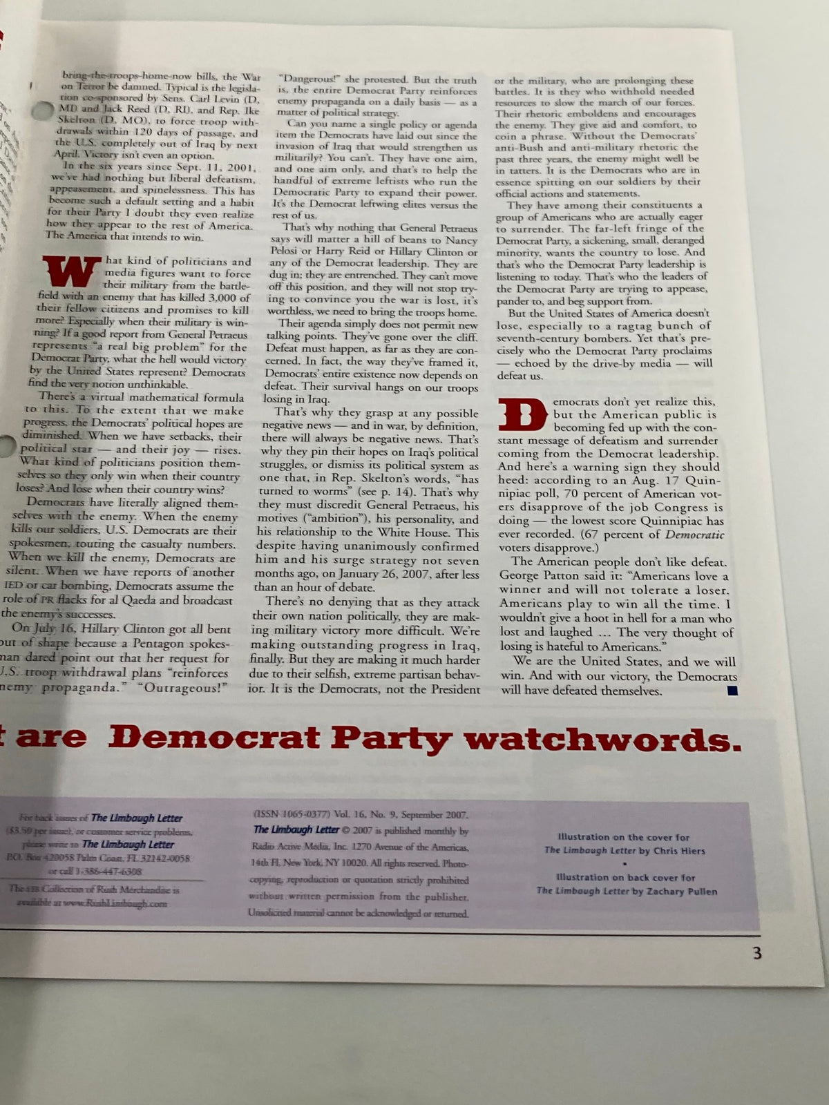 Continuation of the article from the Rush Limbaugh Letter Newsletter Magazine September 2007, analyzing political strategies and commentary related to the Democratic Party.