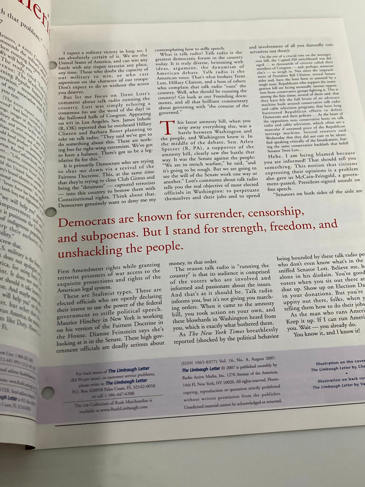 Second interior page of the August 2007 Rush Limbaugh Letter Newsletter titled 'I'm Running America!' containing further insights and opinions by Rush Limbaugh.