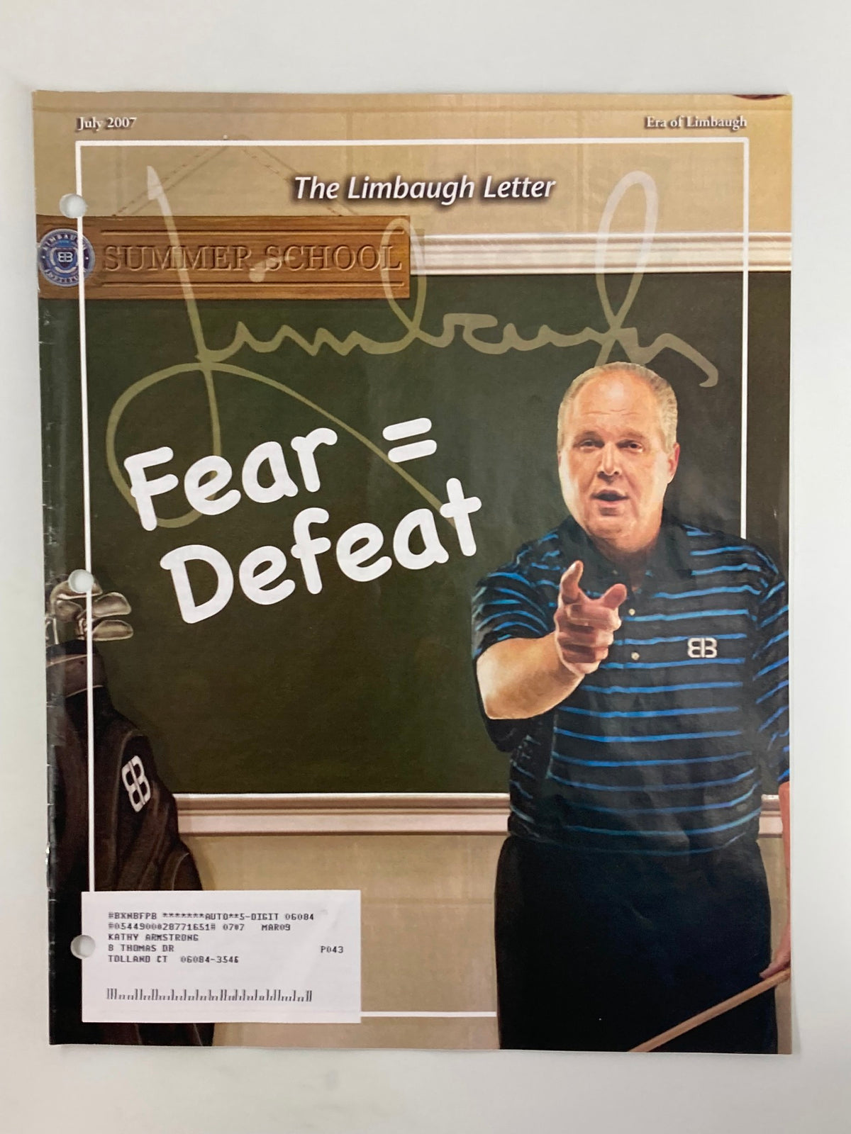 Rush Limbaugh Letter Newsletter - July 2007 cover featuring the title and an image of Rush Limbaugh speaking, emphasizing his commentary on political issues.