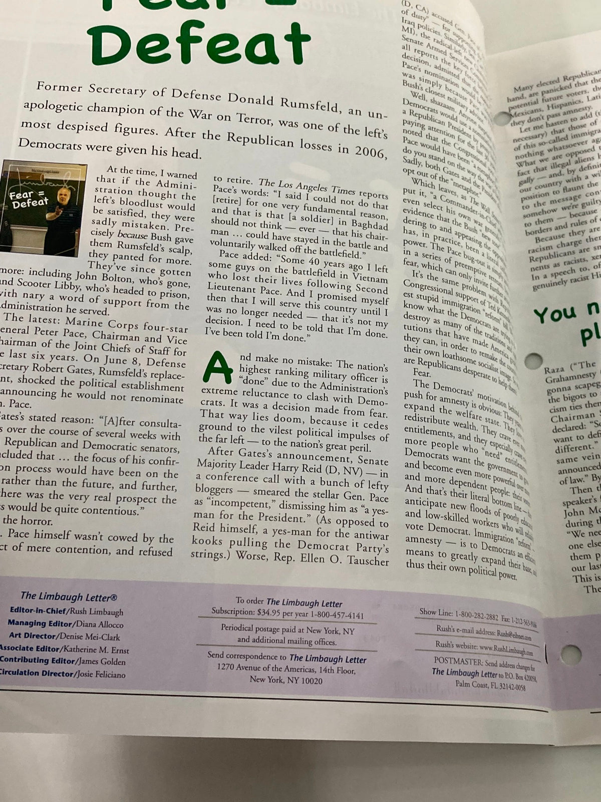 Rush Limbaugh Letter Newsletter - July 2007, featuring an article on former Secretary of Defense Donald Rumsfeld and commentary on the War on Terror.