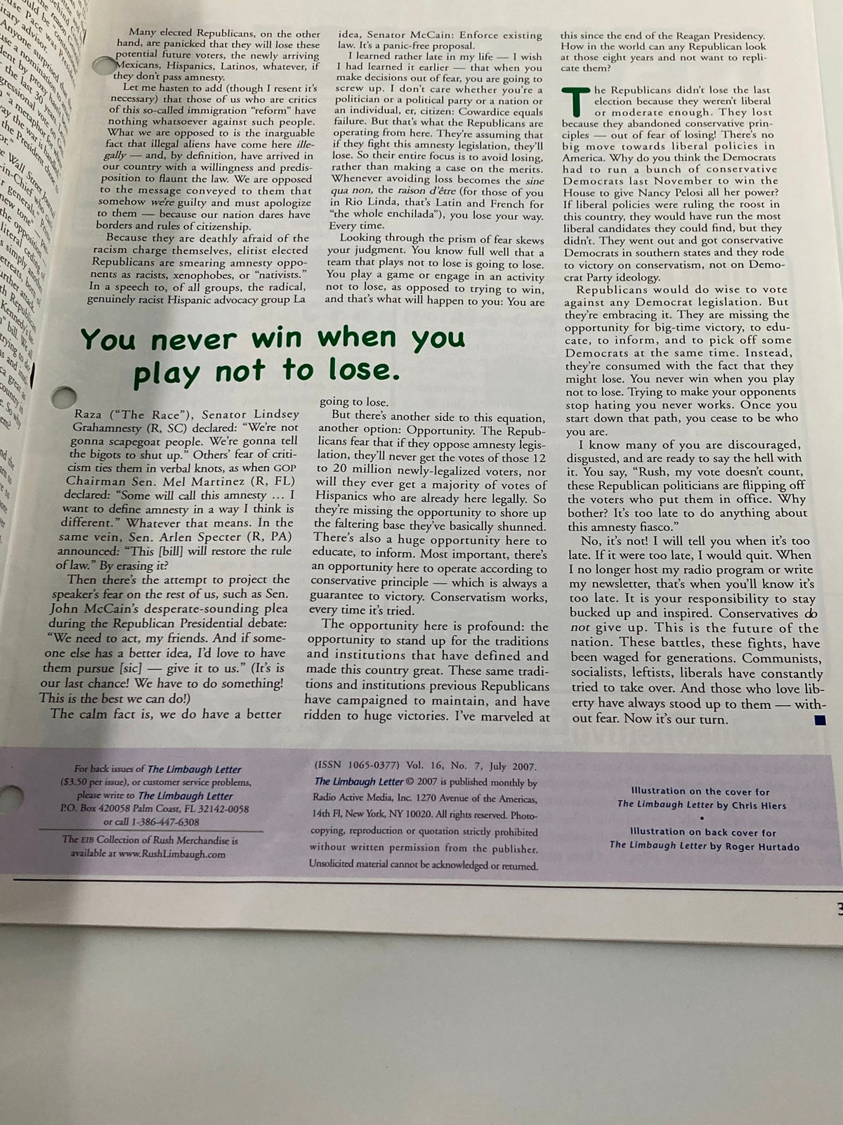 Rush Limbaugh Letter Newsletter - July 2007, showcasing insights on political strategy with quotes and analysis from key figures regarding the Republican party.
