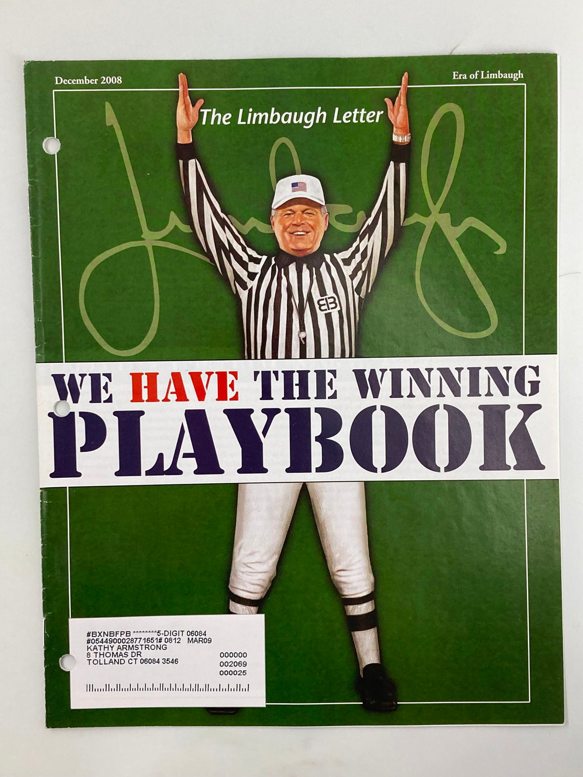 Rush Limbaugh Letter Newsletter December 2008 cover featuring a referee and the title 'We Have The Winning Playbook'.