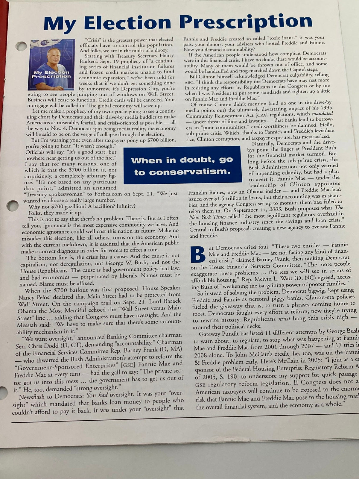 Rush Limbaugh Letters Newsletter October 2008 featuring an article titled 'My Election Prescription' emphasizing a conservative viewpoint during the political climate of late 2008.