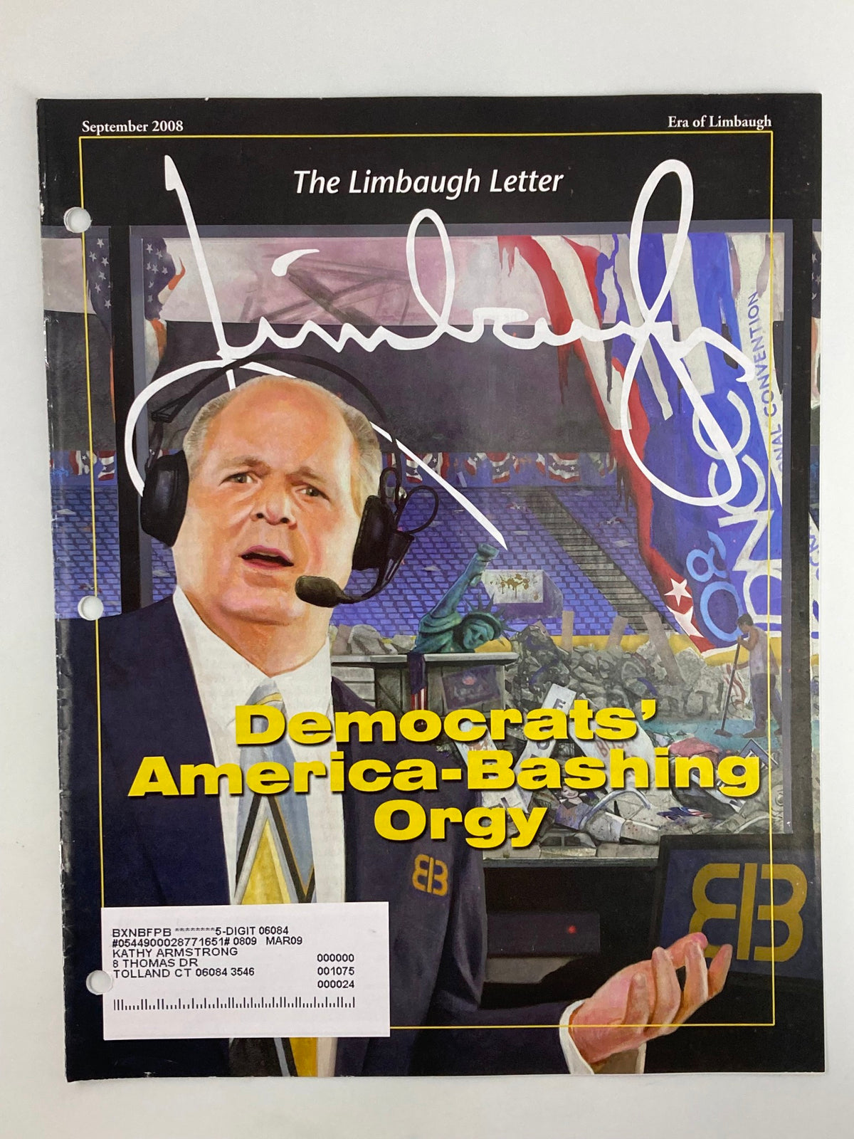 Rush Limbaugh Letter Newsletter September 2008 cover featuring the title 'Democrats' America-Bashing Orgy' with a signature from Rush Limbaugh, showcasing political commentary from a pivotal election year.