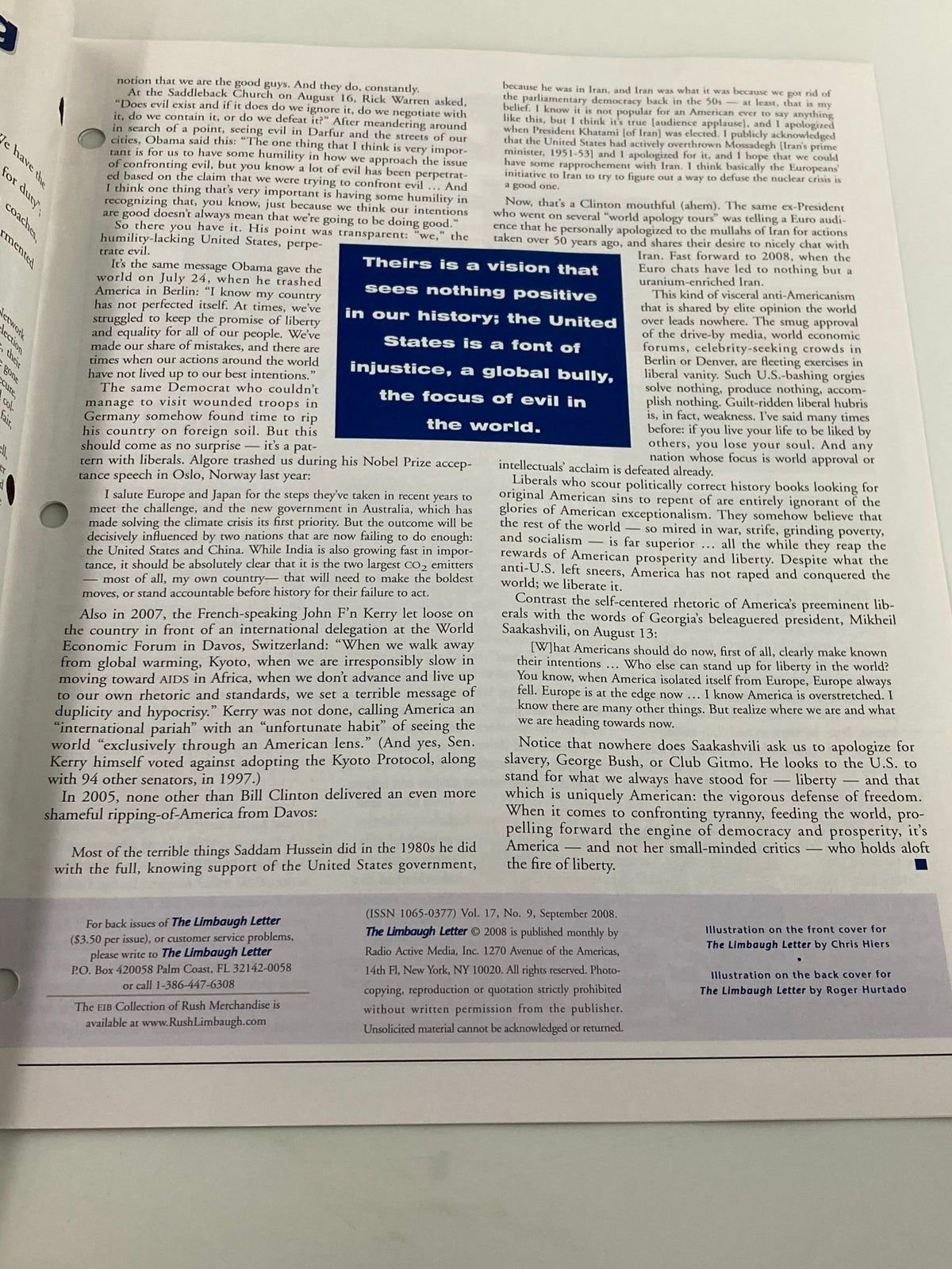 Page from the Rush Limbaugh Letter Newsletter September 2008 titled 'Democrats' America-Bashing', featuring commentary on the political climate and issues of the era.