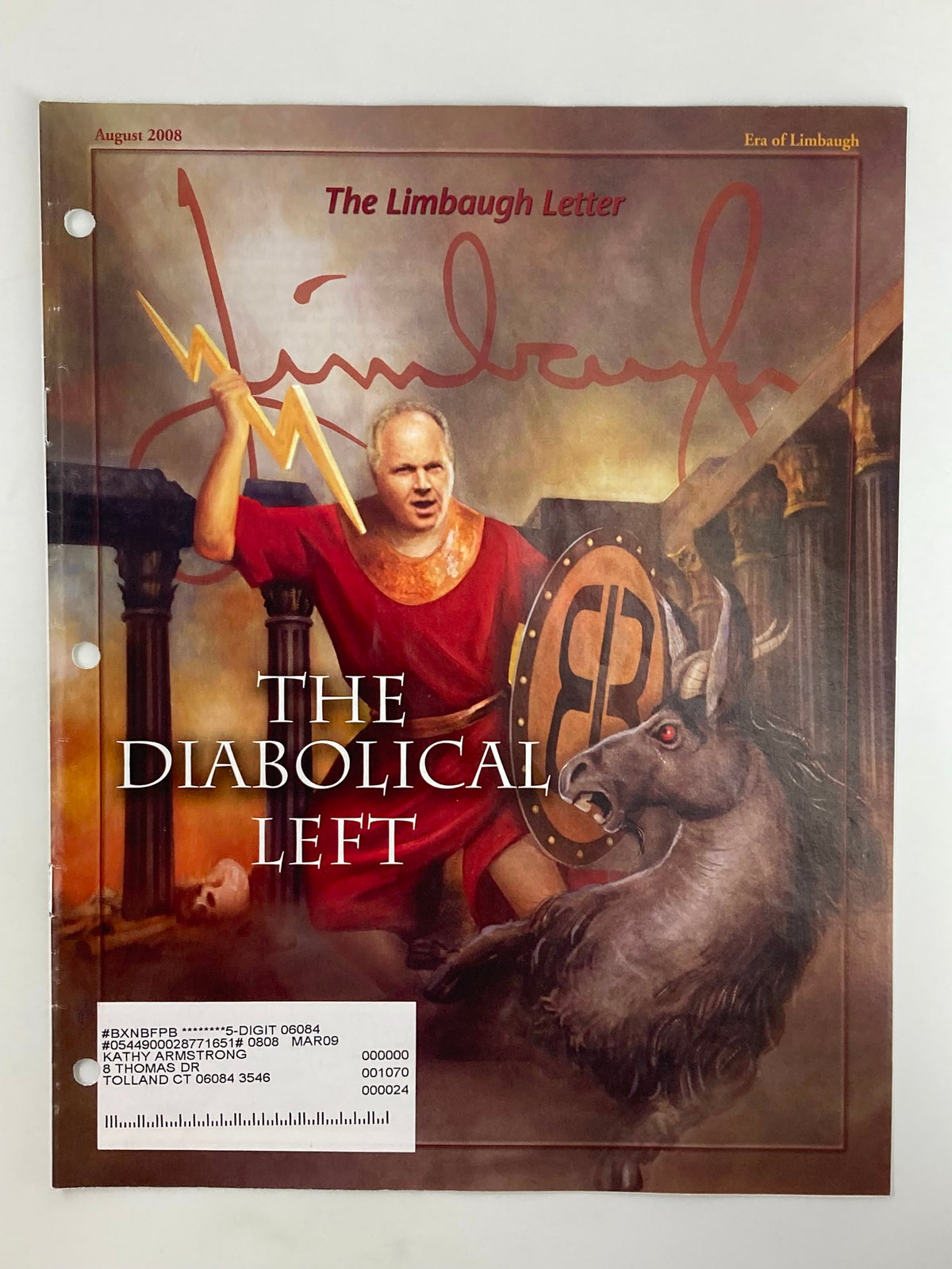 Cover of the Rush Limbaugh Letter Newsletter Magazine, August 2008, featuring a dramatic illustration of Rush Limbaugh and the text 'The Diabolical Left'.