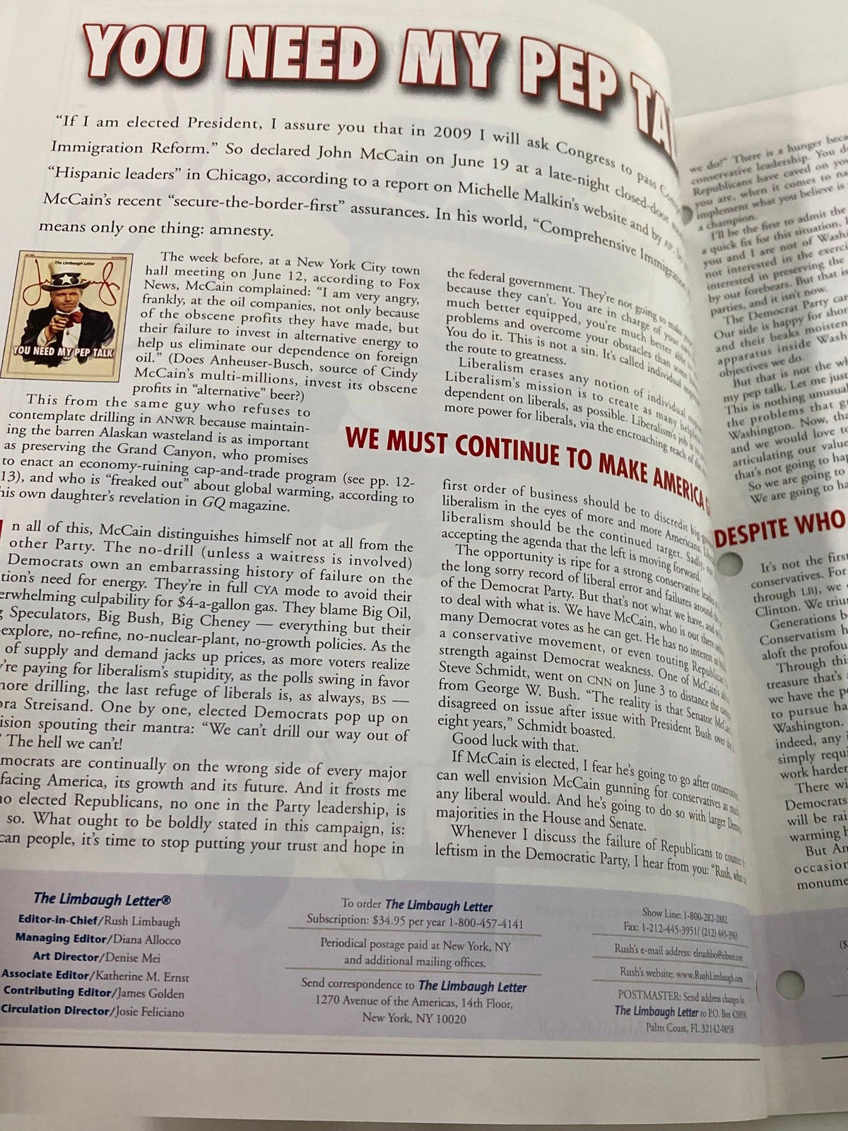 Interior page from the Rush Limbaugh Letter Newsletter July 2008 discussing John McCain's campaign with highlighted commentary.