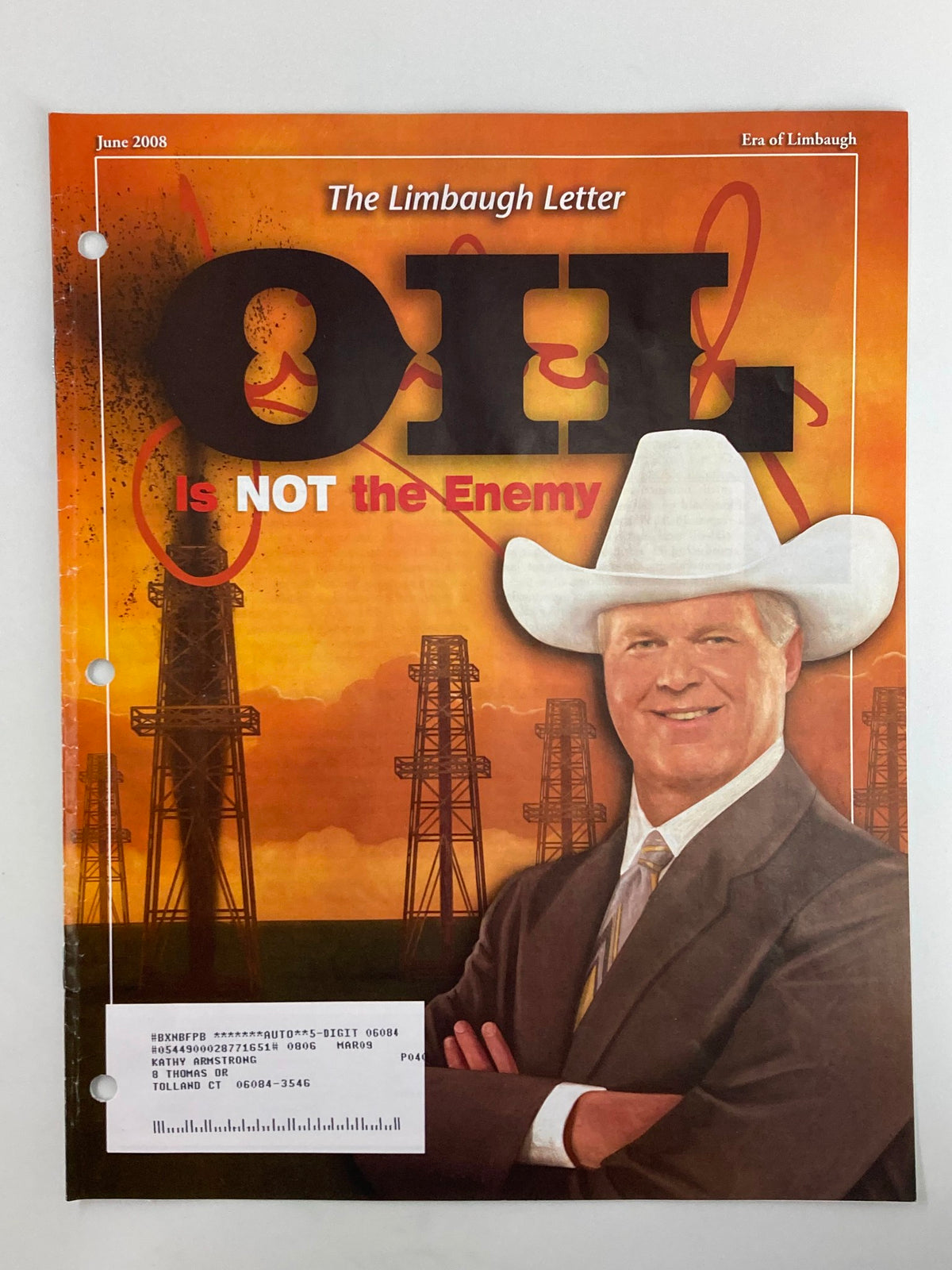 Cover of Rush Limbaugh Letter Newsletter June 2008 titled 'Oil Is NOT the Enemy', featuring Rush Limbaugh in a cowboy hat with an oil rig background.
