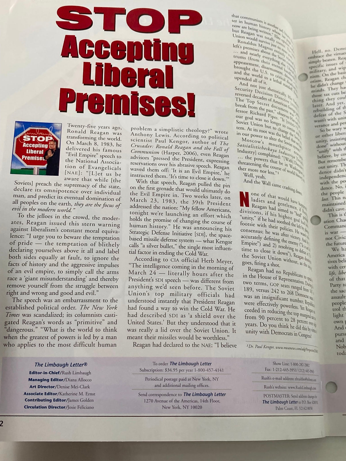 Rush Limbaugh Letter Newsletter April 2008 interior page showing the headline 'Stop Accepting Liberal Premises' with insights into political commentary.