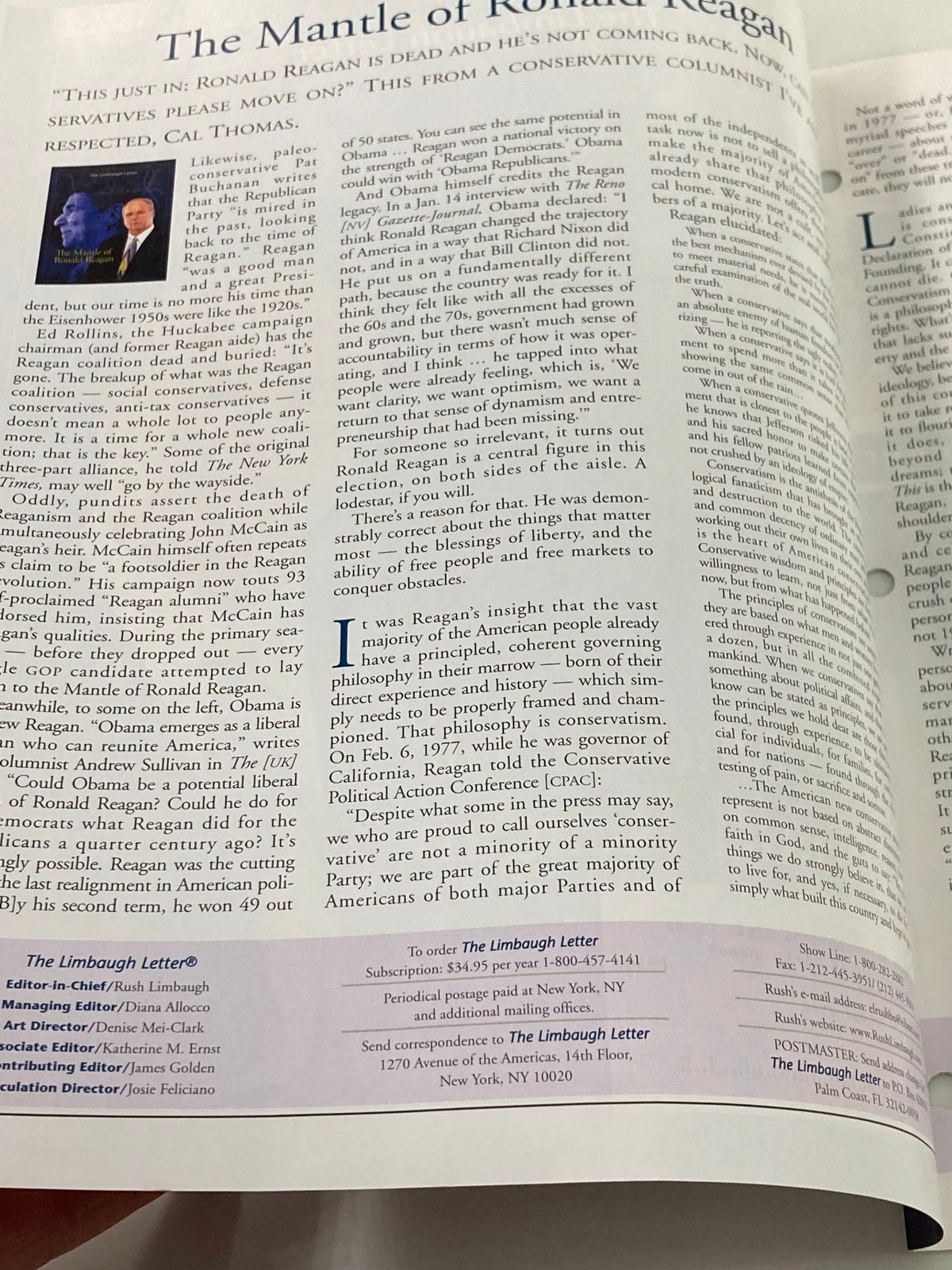 Interior page of the Rush Limbaugh Letter Newsletter Magazine March 2008 discussing 'The Mantle of Ronald Reagan', featuring text and commentary on Reagan's political legacy.