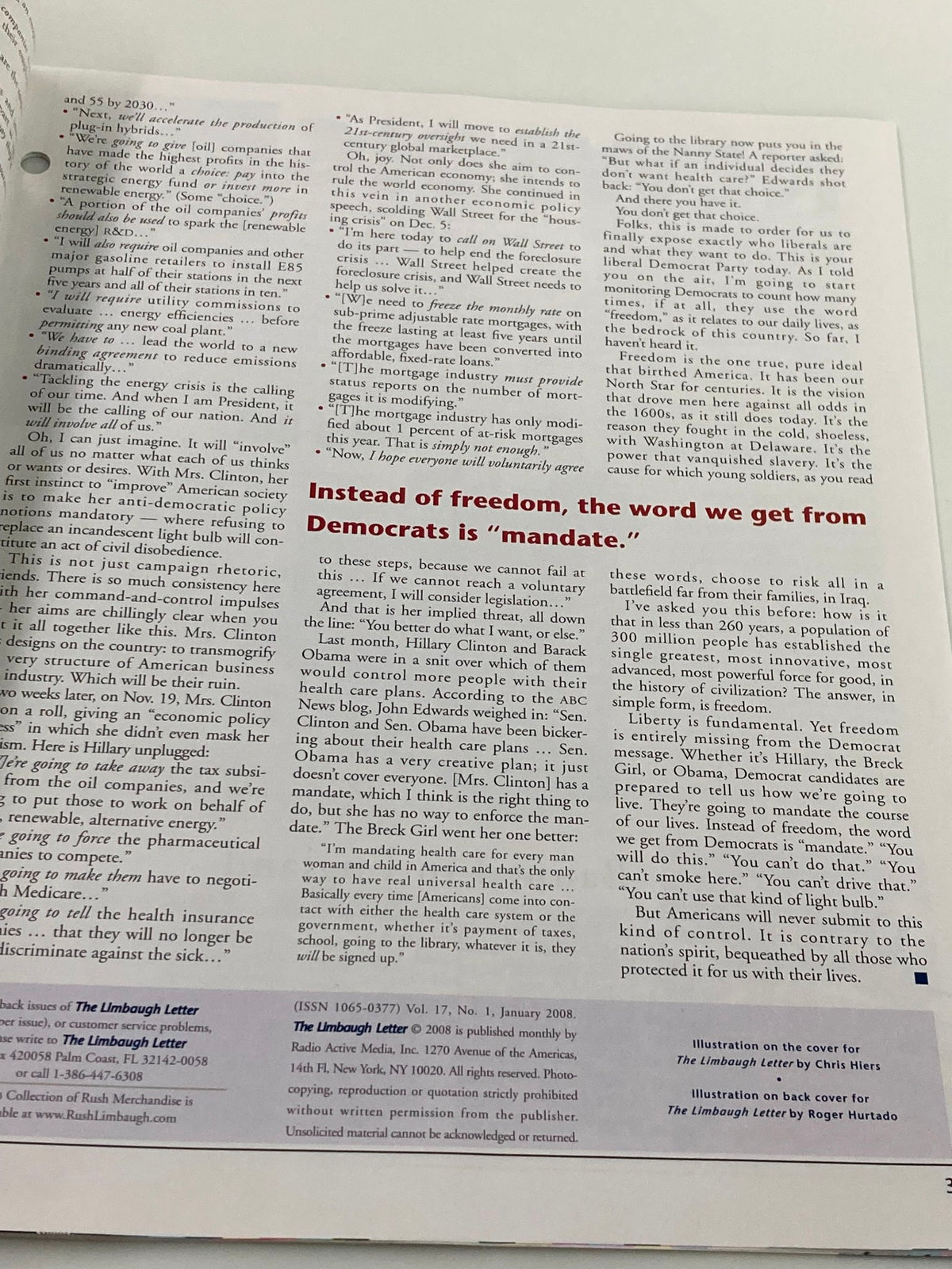 Another interior page of Rush Limbaugh Letter Newsletter Magazine January 2008 highlighting discussions on freedom and political mandates.