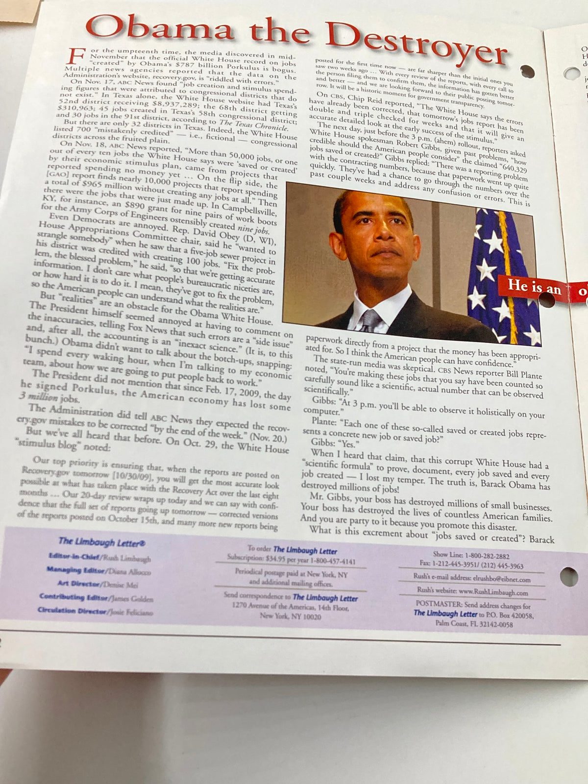 Page from the Rush Limbaugh Letter Newsletter December 2009 titled 'Obama the Destroyer' featuring an article discussing political themes and criticisms.